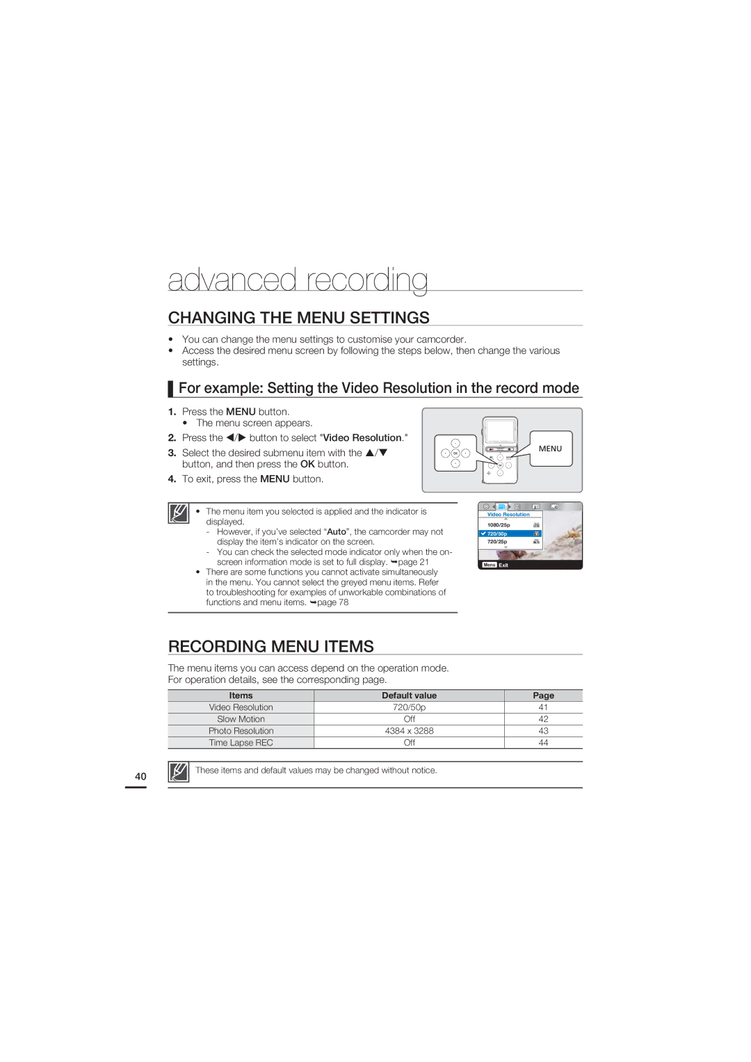 Samsung HMX-U15OP/EDC, HMX-U15BP/EDC, HMX-U15WP/EDC Advanced recording, Changing the Menu Settings, Recording Menu Items 