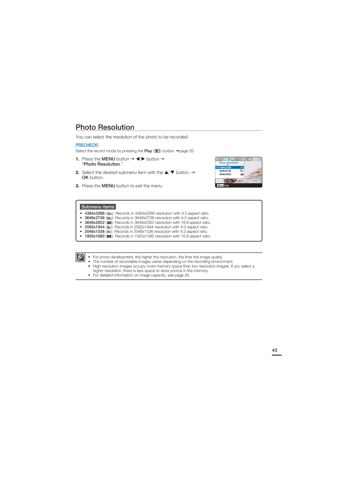 Samsung HMX-U15WP/EDC, HMX-U15BP/EDC, HMX-U15OP/EDC, HMX-U15LP/EDC manual Photo Resolution 