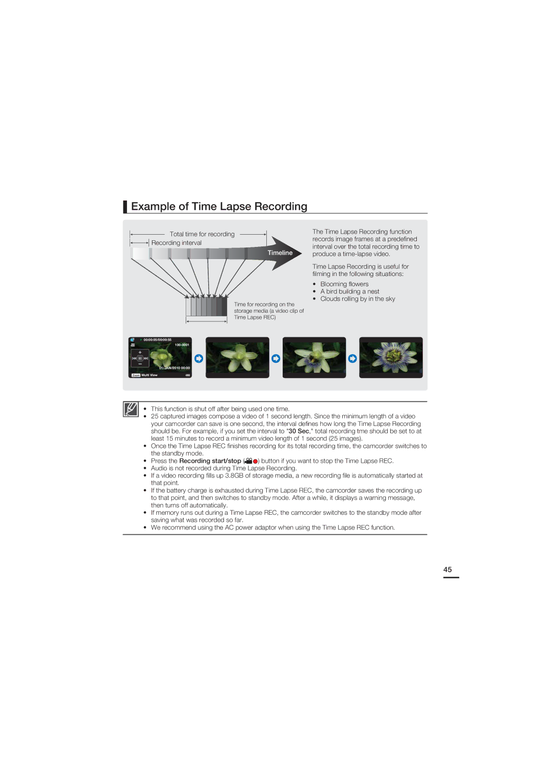 Samsung HMX-U15LP/EDC, HMX-U15BP/EDC, HMX-U15WP/EDC, HMX-U15OP/EDC manual Example of Time Lapse Recording, Timeline 