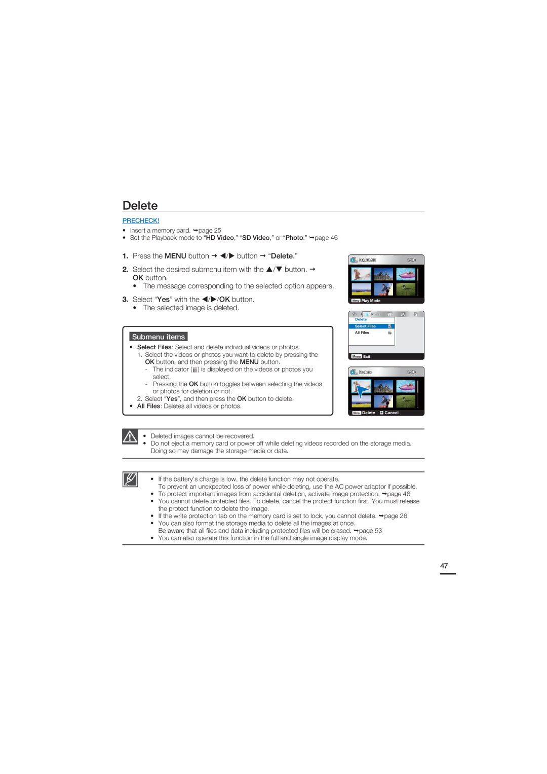 Samsung HMX-U15WP/EDC, HMX-U15BP/EDC, HMX-U15OP/EDC, HMX-U15LP/EDC manual Delete 