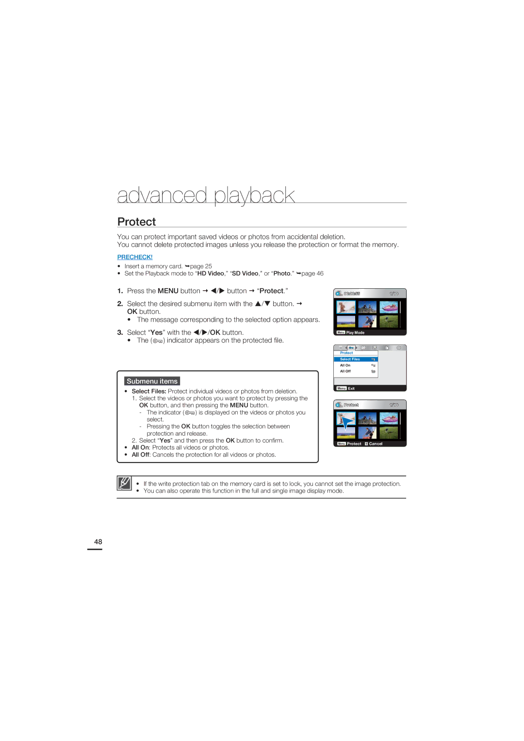 Samsung HMX-U15OP/EDC, HMX-U15BP/EDC, HMX-U15WP/EDC, HMX-U15LP/EDC manual Protect 