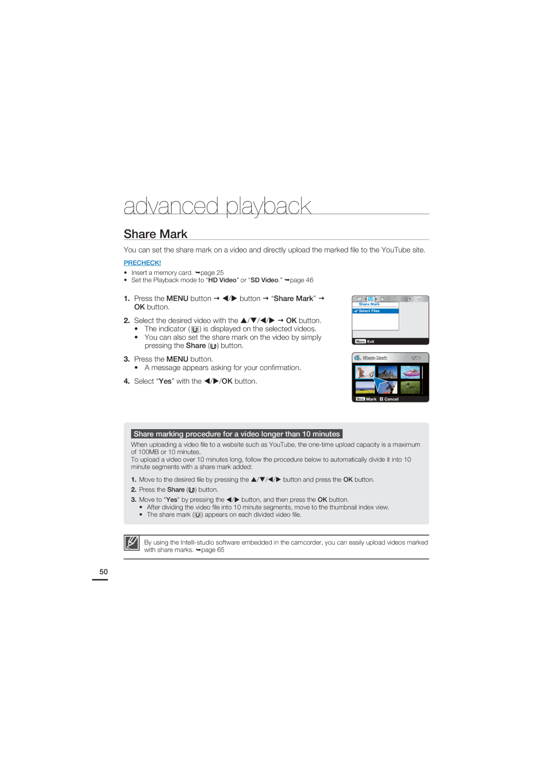 Samsung HMX-U15BP/EDC, HMX-U15WP/EDC, HMX-U15OP/EDC Share Mark, Share marking procedure for a video longer than 10 minutes 