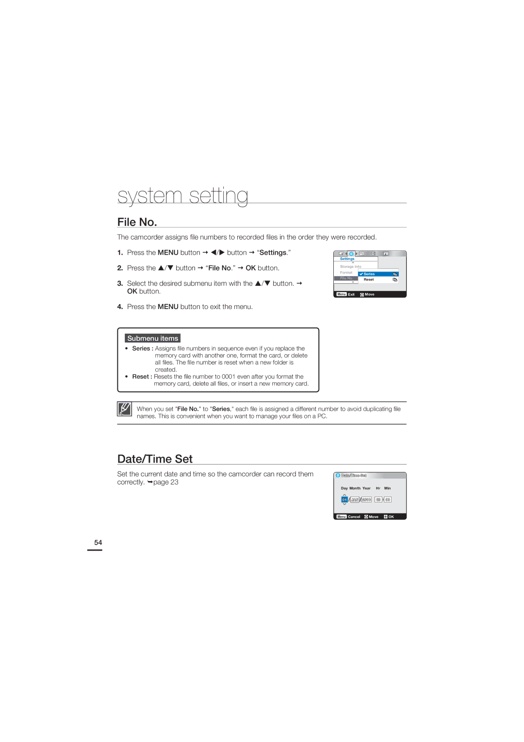 Samsung HMX-U15BP/EDC, HMX-U15WP/EDC, HMX-U15OP/EDC, HMX-U15LP/EDC manual File No, Date/Time Set 