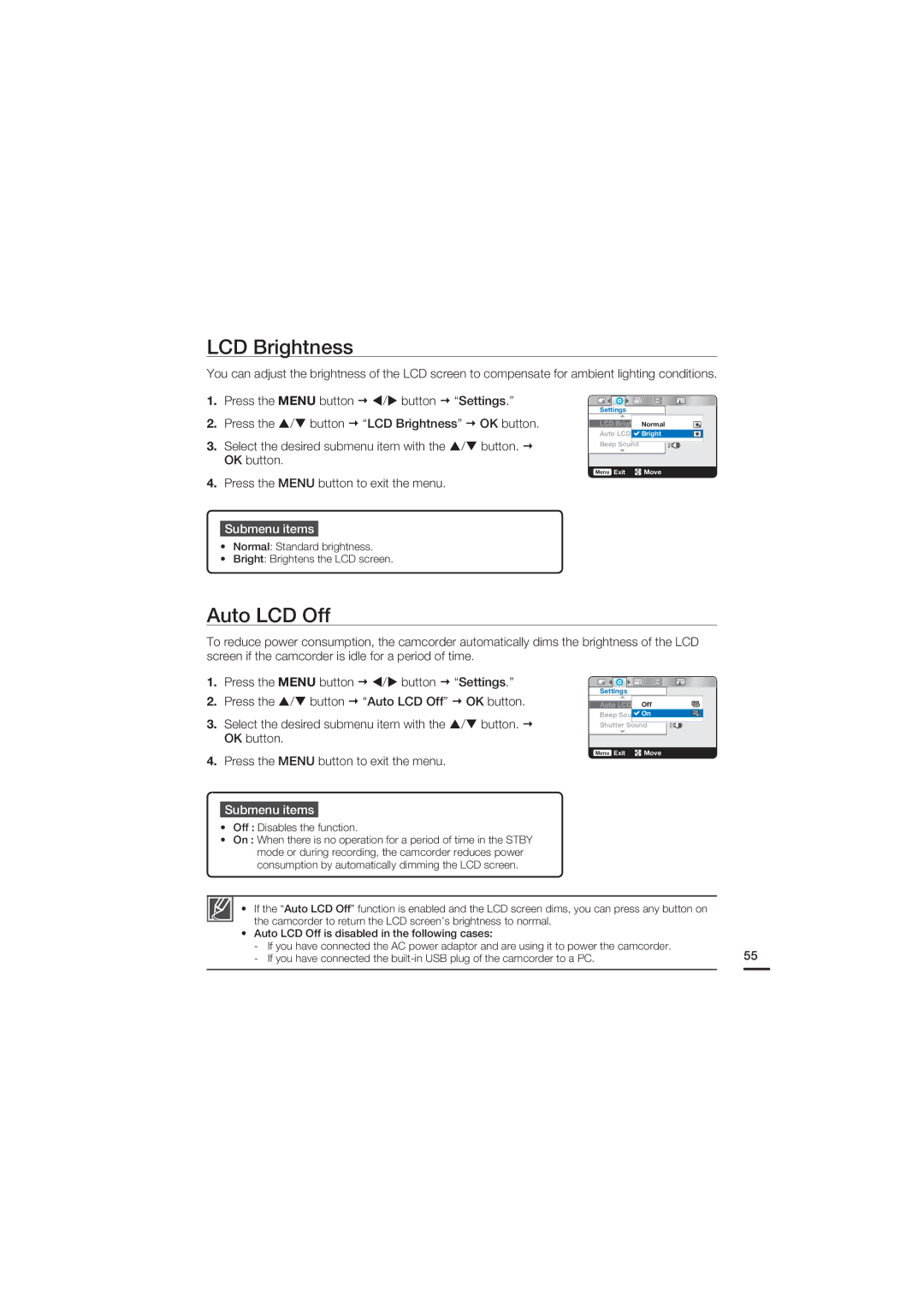 Samsung HMX-U15WP/EDC, HMX-U15BP/EDC, HMX-U15OP/EDC, HMX-U15LP/EDC manual LCD Brightness, Auto LCD Off 