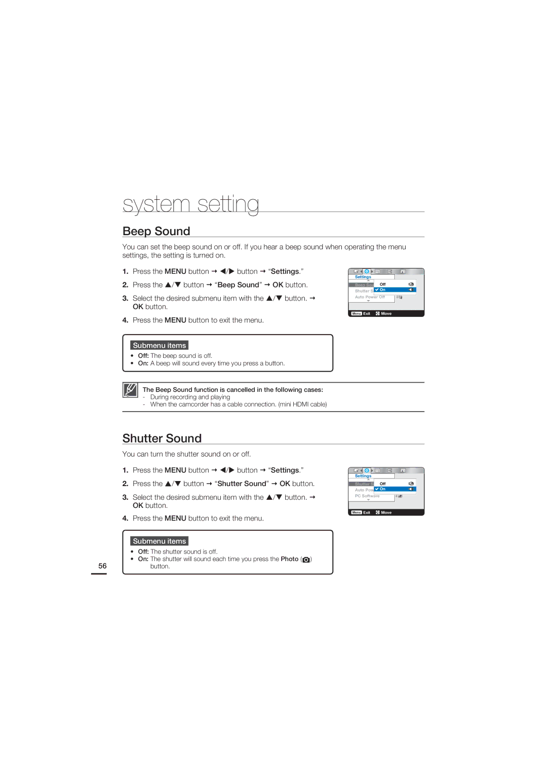 Samsung HMX-U15OP/EDC, HMX-U15BP/EDC, HMX-U15WP/EDC, HMX-U15LP/EDC manual Beep Sound, Shutter Sound 