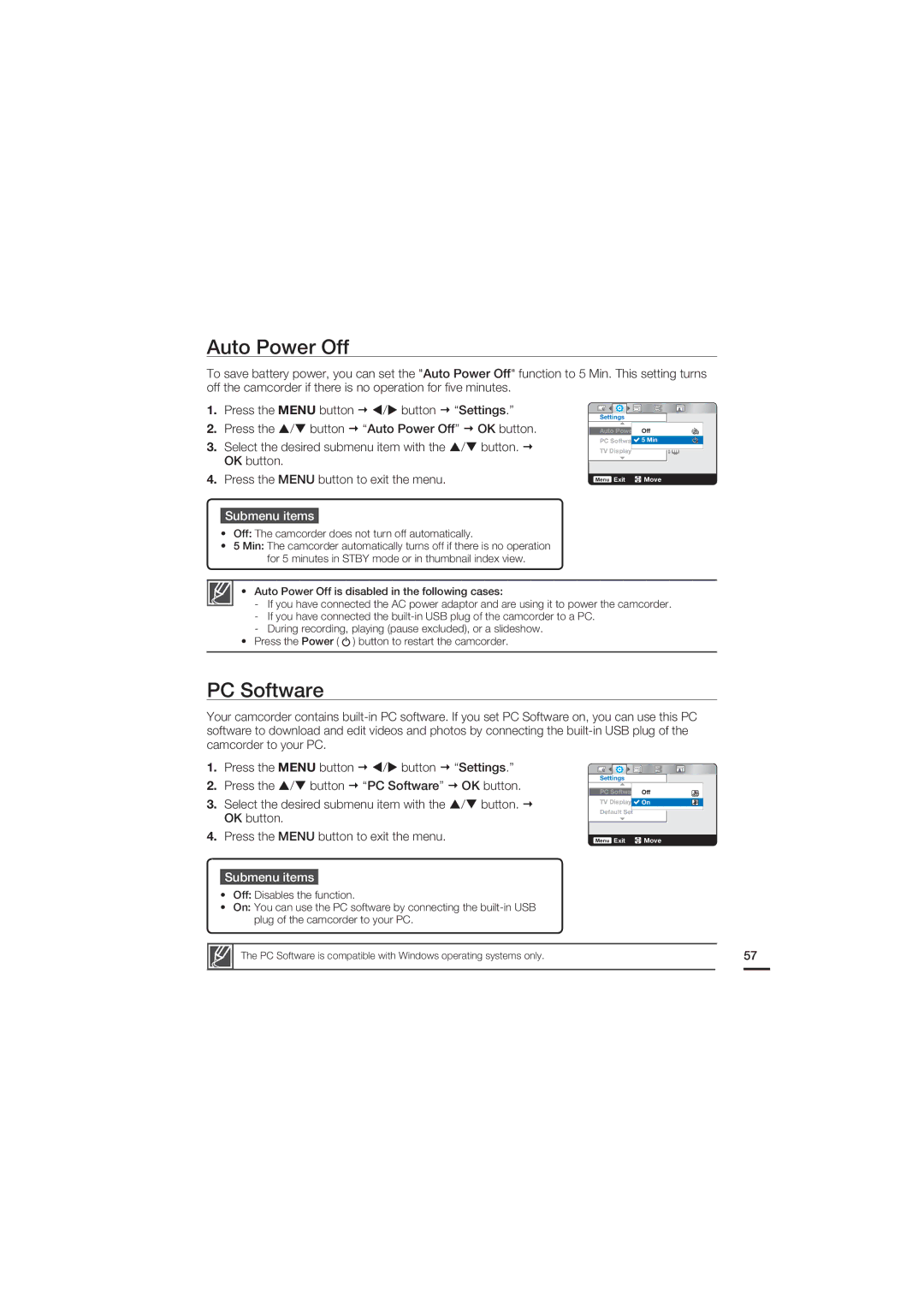 Samsung HMX-U15LP/EDC, HMX-U15BP/EDC, HMX-U15WP/EDC, HMX-U15OP/EDC manual Auto Power Off, PC Software 