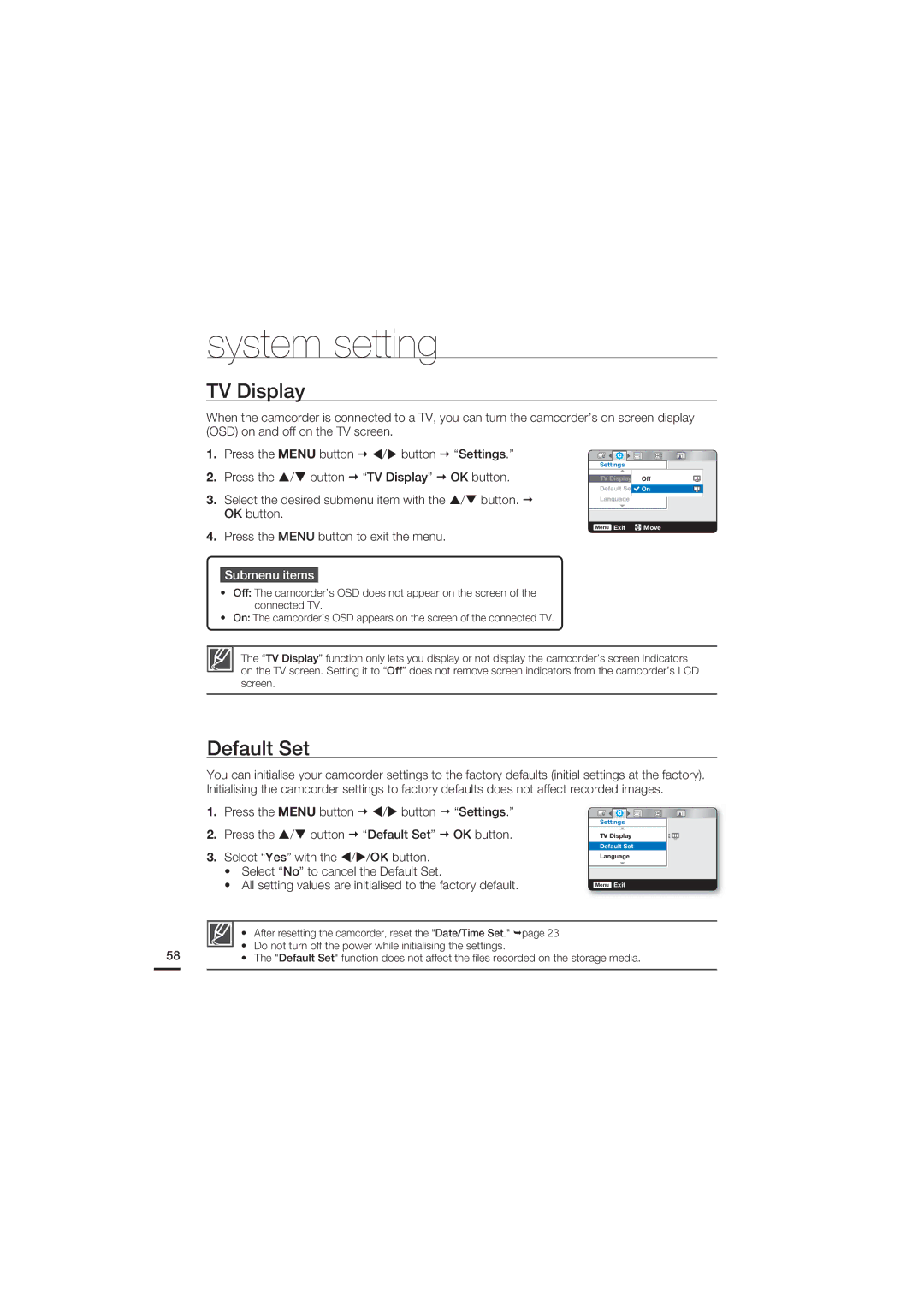 Samsung HMX-U15BP/EDC, HMX-U15WP/EDC, HMX-U15OP/EDC, HMX-U15LP/EDC manual TV Display, Default Set 