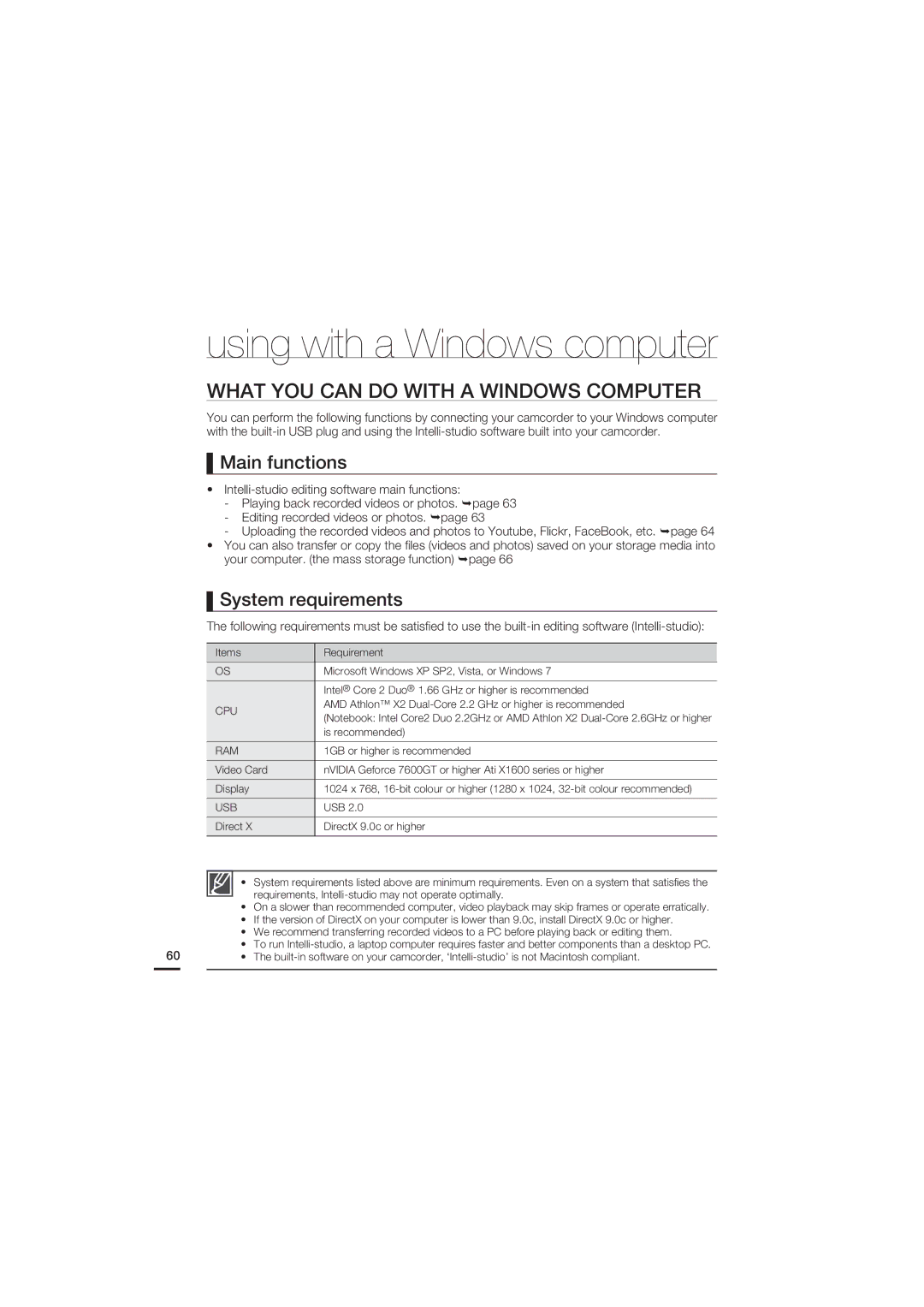 Samsung HMX-U15OP/EDC, HMX-U15BP/EDC manual What YOU can do with a Windows Computer, Main functions, System requirements 