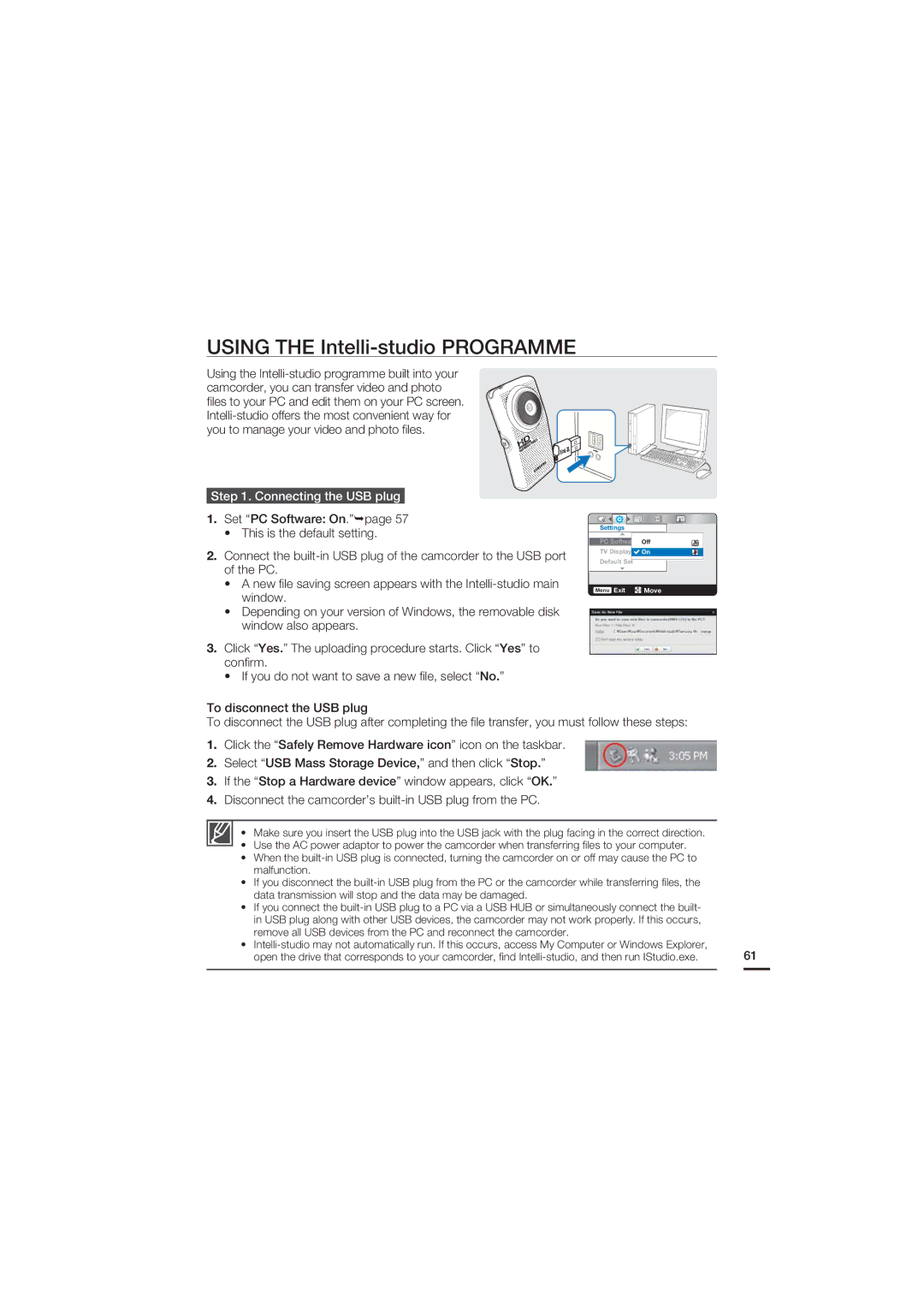 Samsung HMX-U15LP/EDC, HMX-U15BP/EDC, HMX-U15WP/EDC manual Using the Intelli-studio Programme, Connecting the USB plug 