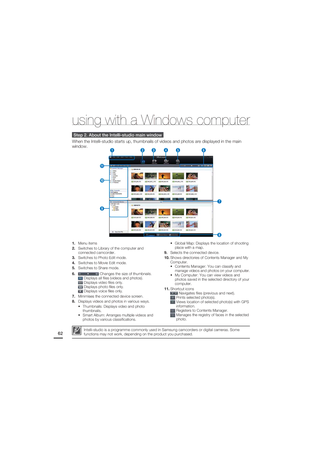 Samsung HMX-U15BP/EDC, HMX-U15WP/EDC, HMX-U15OP/EDC, HMX-U15LP/EDC manual About the Intelli-studio main window 