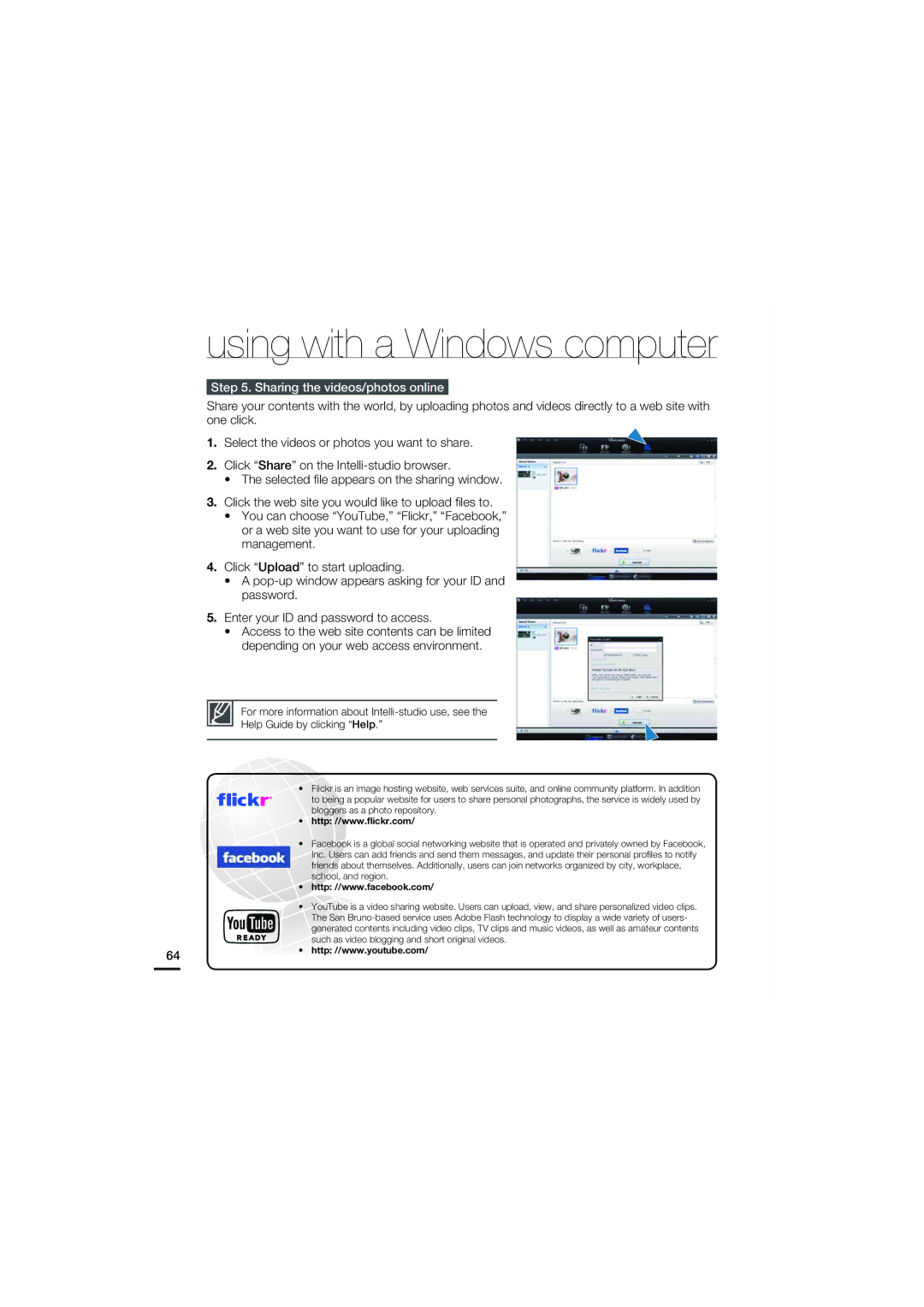 Samsung HMX-U15OP/EDC, HMX-U15BP/EDC, HMX-U15WP/EDC, HMX-U15LP/EDC manual Sharing the videos/photos online 