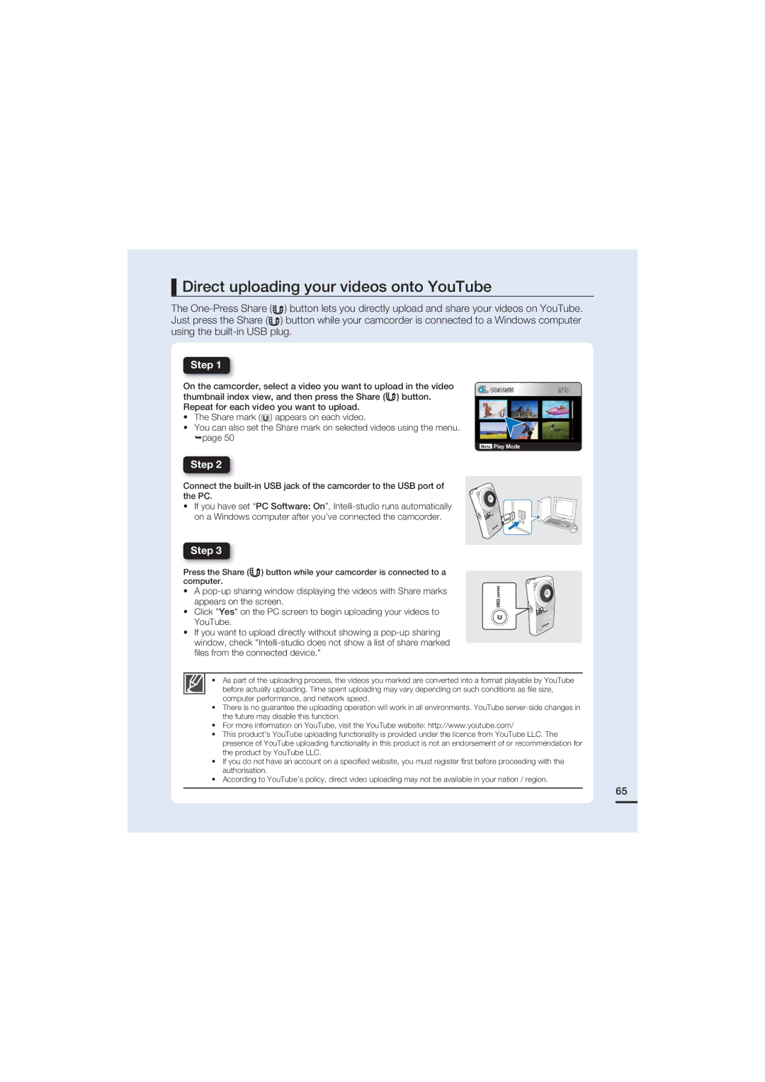 Samsung HMX-U15LP/EDC, HMX-U15BP/EDC, HMX-U15WP/EDC, HMX-U15OP/EDC manual Direct uploading your videos onto YouTube, Step 