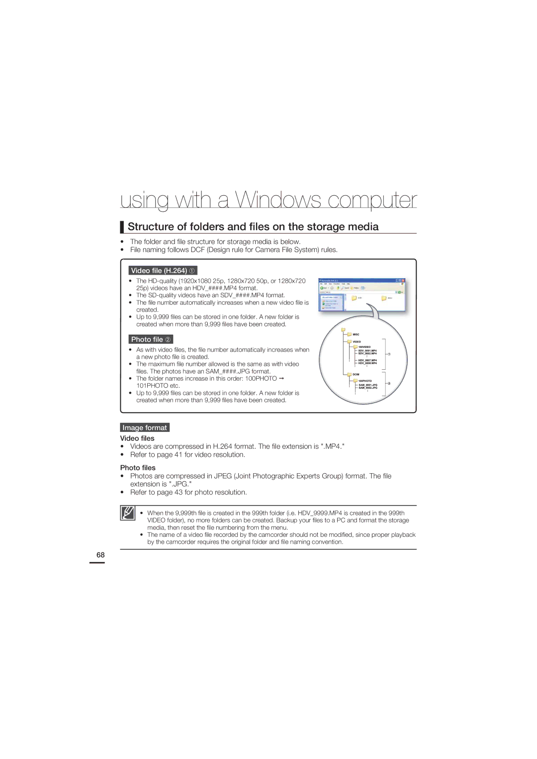 Samsung HMX-U15OP/EDC Structure of folders and ﬁles on the storage media, Video ﬁle H.264 ➀, Photo ﬁle ➁, Image format 