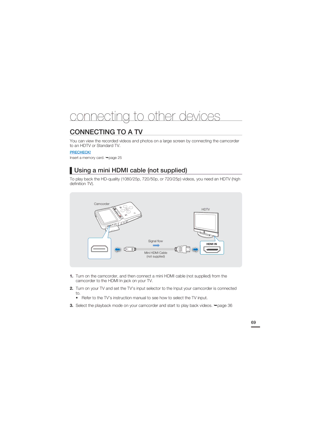 Samsung HMX-U15LP/EDC, HMX-U15BP/EDC Connecting to other devices, Connecting to a TV, Using a mini Hdmi cable not supplied 