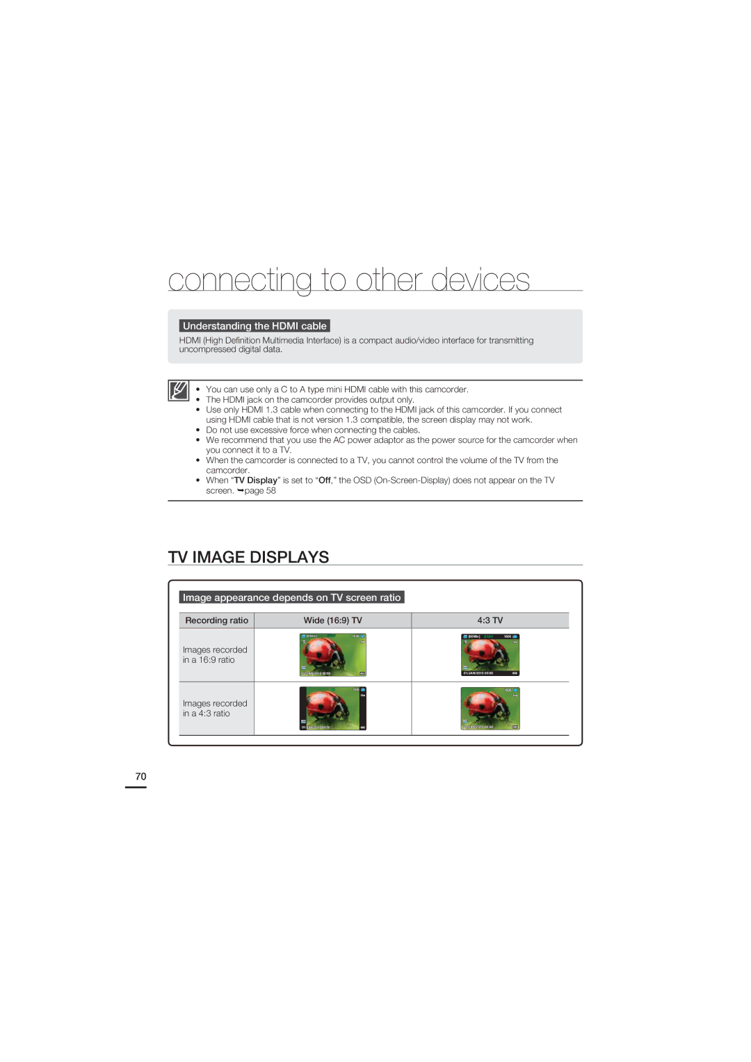 Samsung HMX-U15BP/EDC manual TV Image Displays, Understanding the Hdmi cable, Image appearance depends on TV screen ratio 