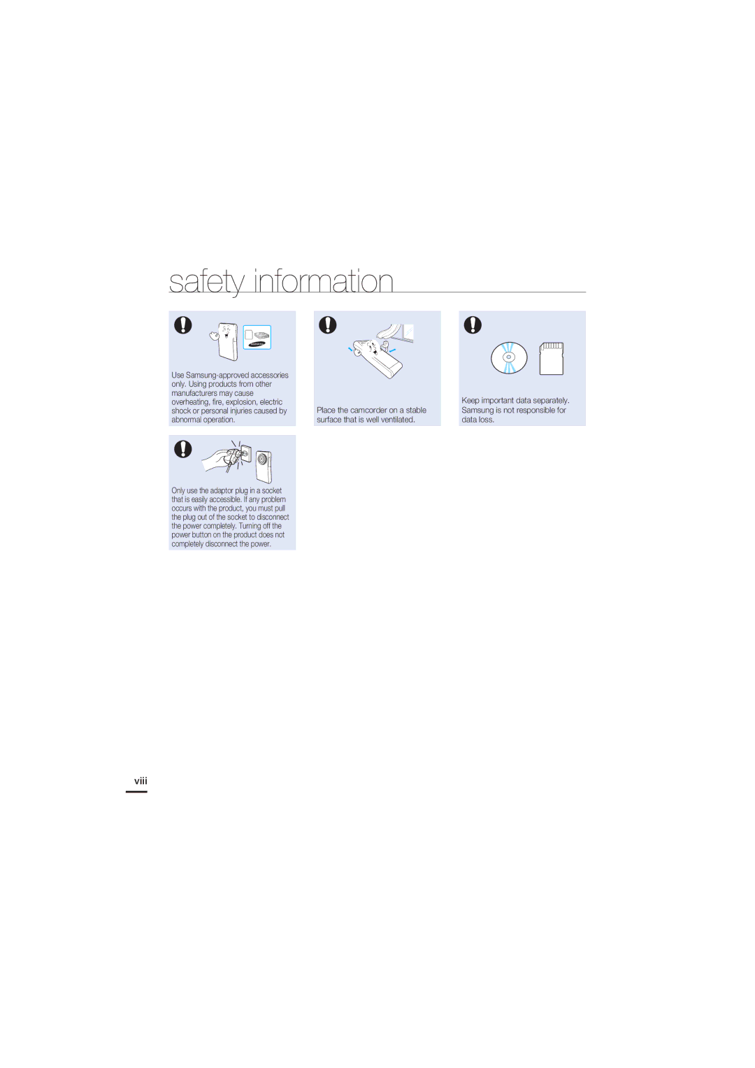 Samsung HMX-U15BP/EDC, HMX-U15WP/EDC, HMX-U15OP/EDC, HMX-U15LP/EDC manual Viii 