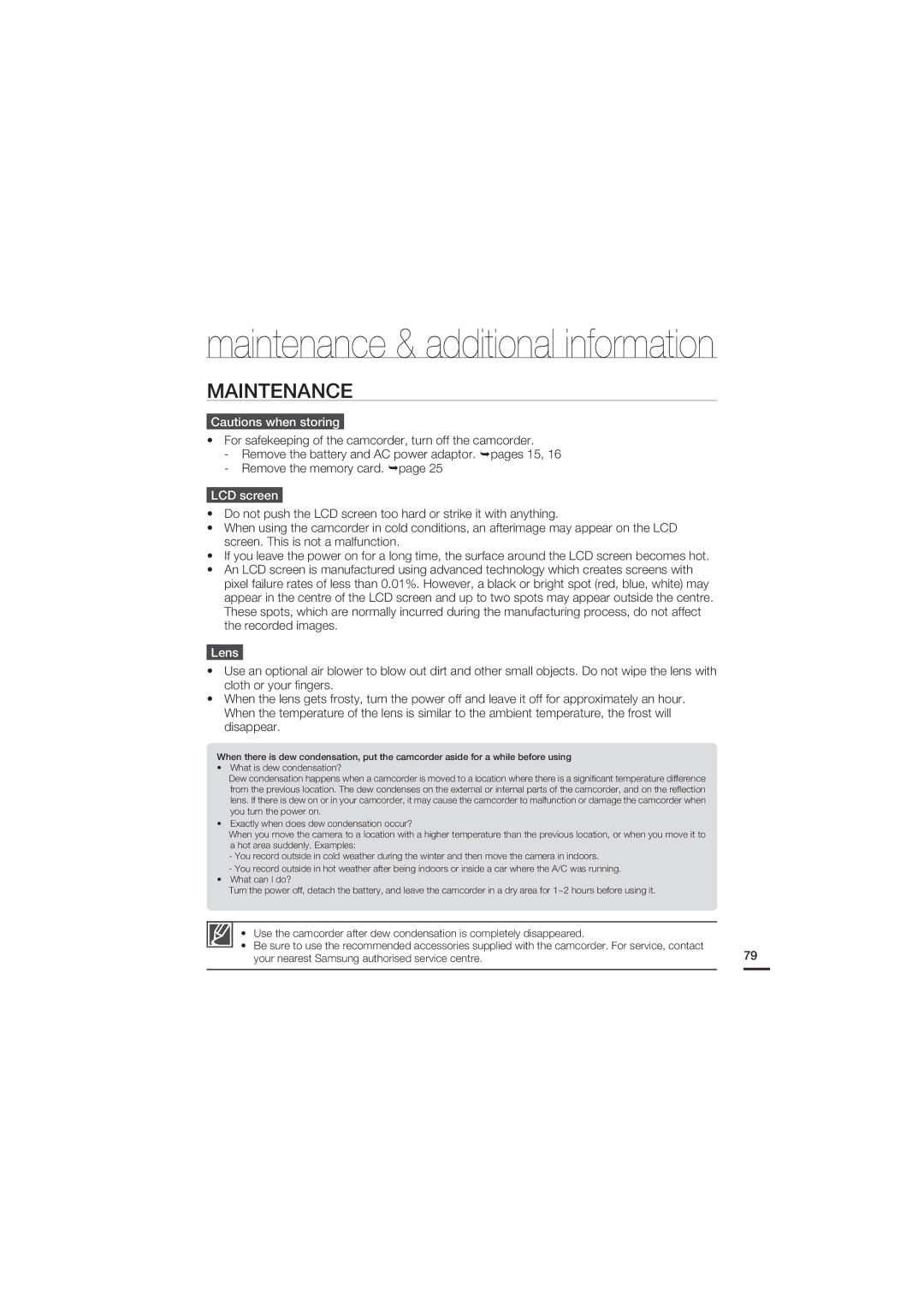 Samsung HMX-U15WP/EDC, HMX-U15BP/EDC, HMX-U15OP/EDC, HMX-U15LP/EDC manual Maintenance, LCD screen, Lens 