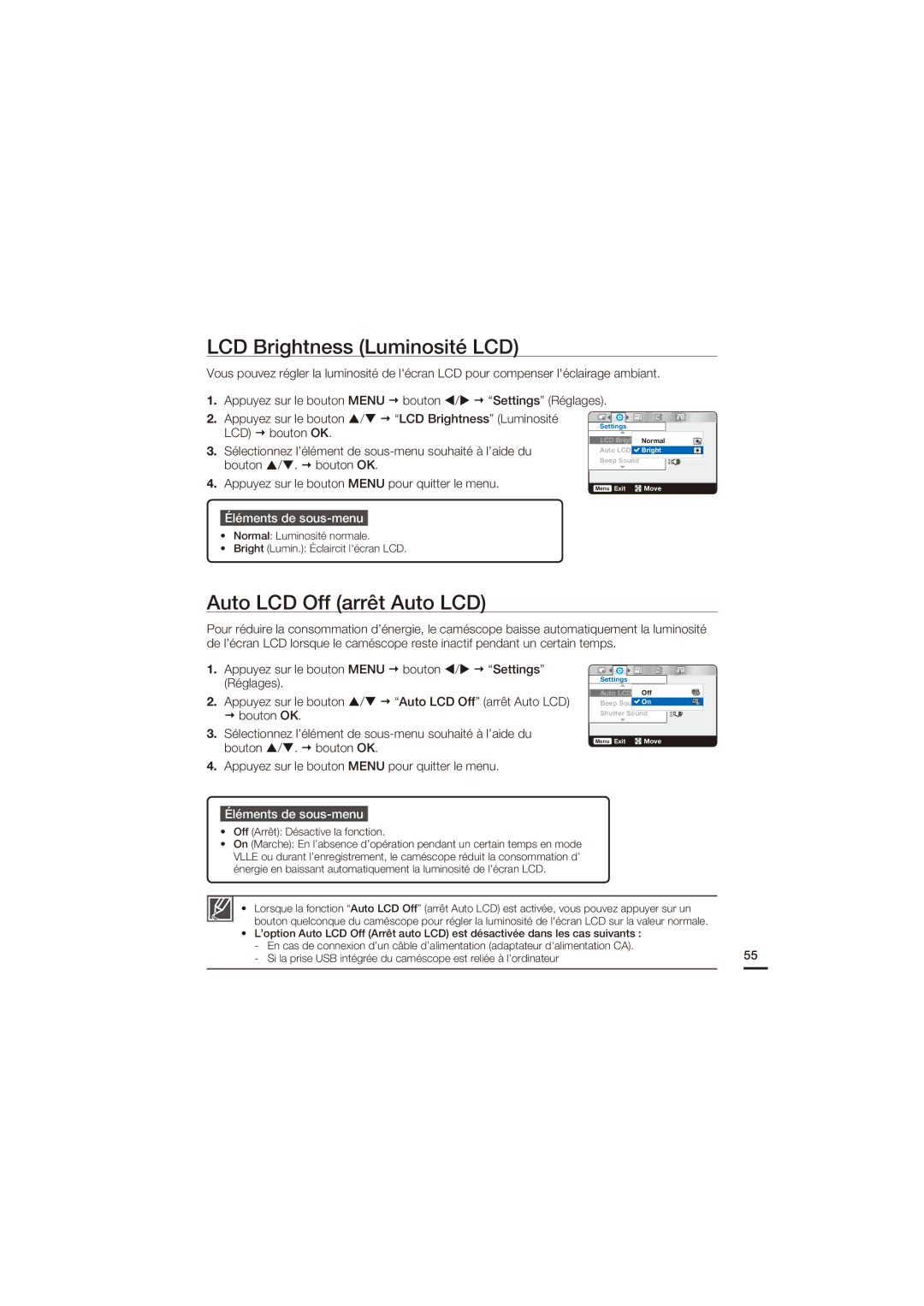 Samsung HMX-U15WP/EDC, HMX-U15BP/EDC, HMX-U15OP/EDC manual LCD Brightness Luminosité LCD, Auto LCD Off arrêt Auto LCD 