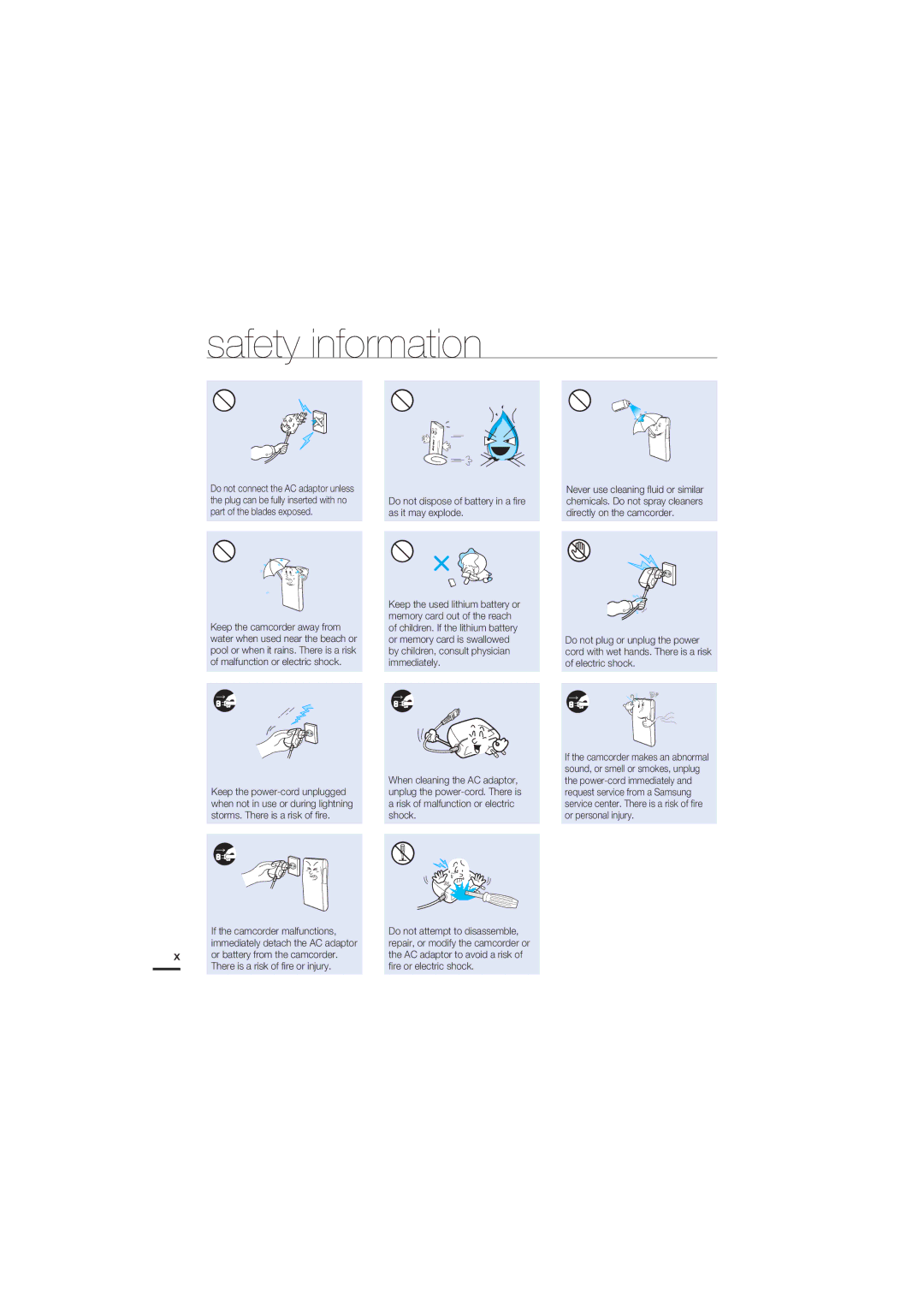 Samsung HMX-U20BD manual Do not dispose of battery in a ﬁre as it may explode 