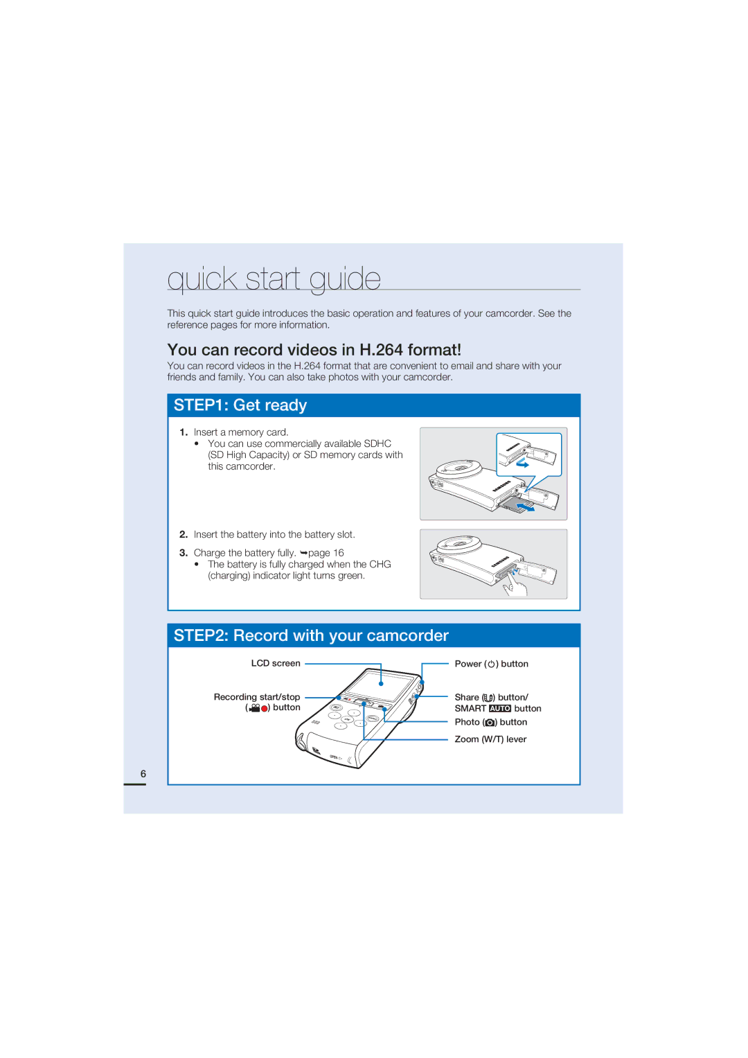 Samsung HMX-U20BD manual Quick start guide, You can record videos in H.264 format 