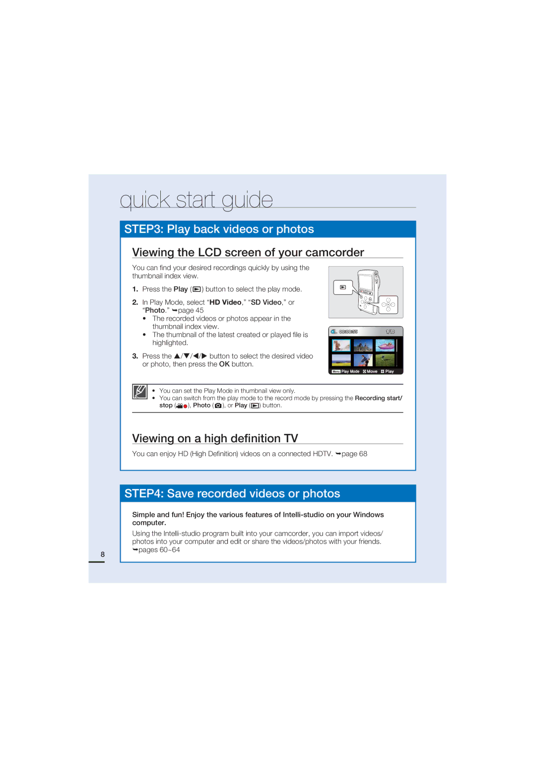 Samsung HMX-U20BD manual Viewing the LCD screen of your camcorder, Viewing on a high deﬁnition TV, Pages 60~64 