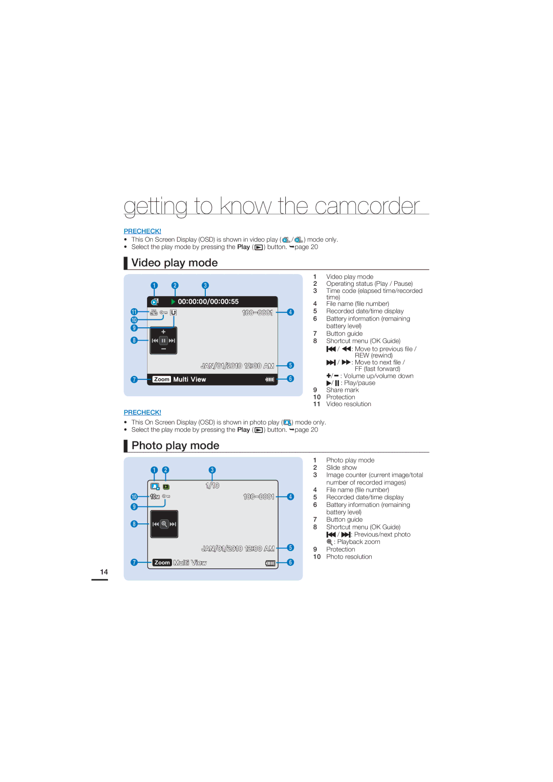 Samsung HMX-U20BD manual Video play mode, Photo play mode 