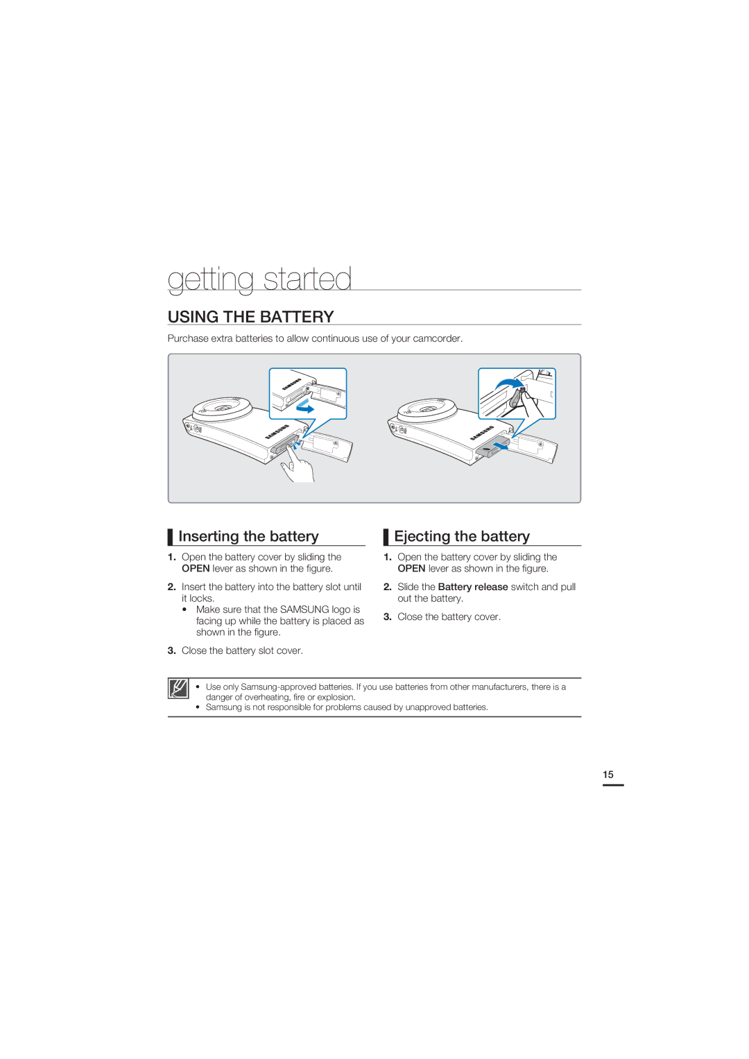 Samsung HMX-U20BD manual Getting started, Using the Battery, Inserting the battery Ejecting the battery 