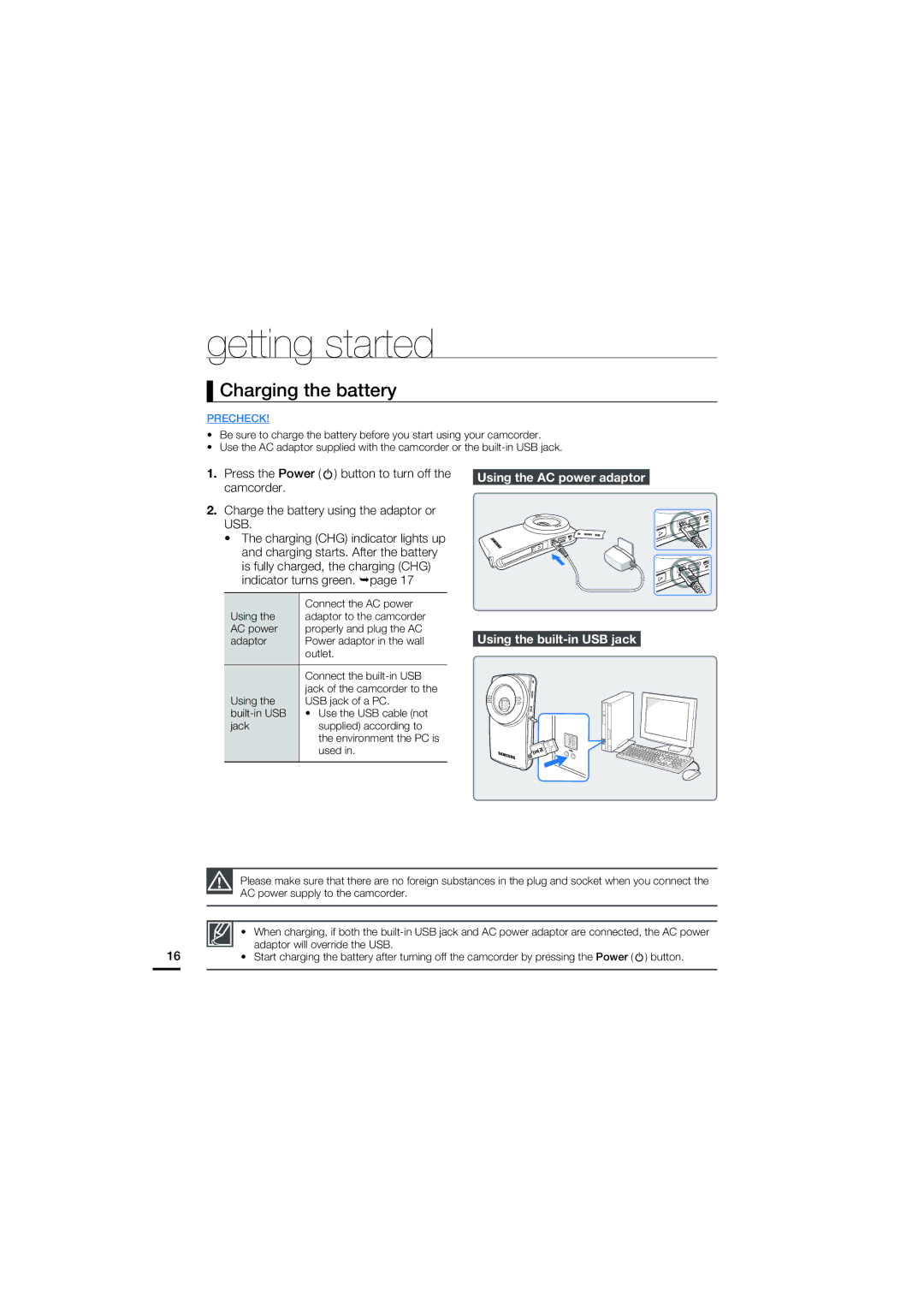 Samsung HMX-U20BD manual Charging the battery, Using the AC power adaptor Using the built-in USB jack 