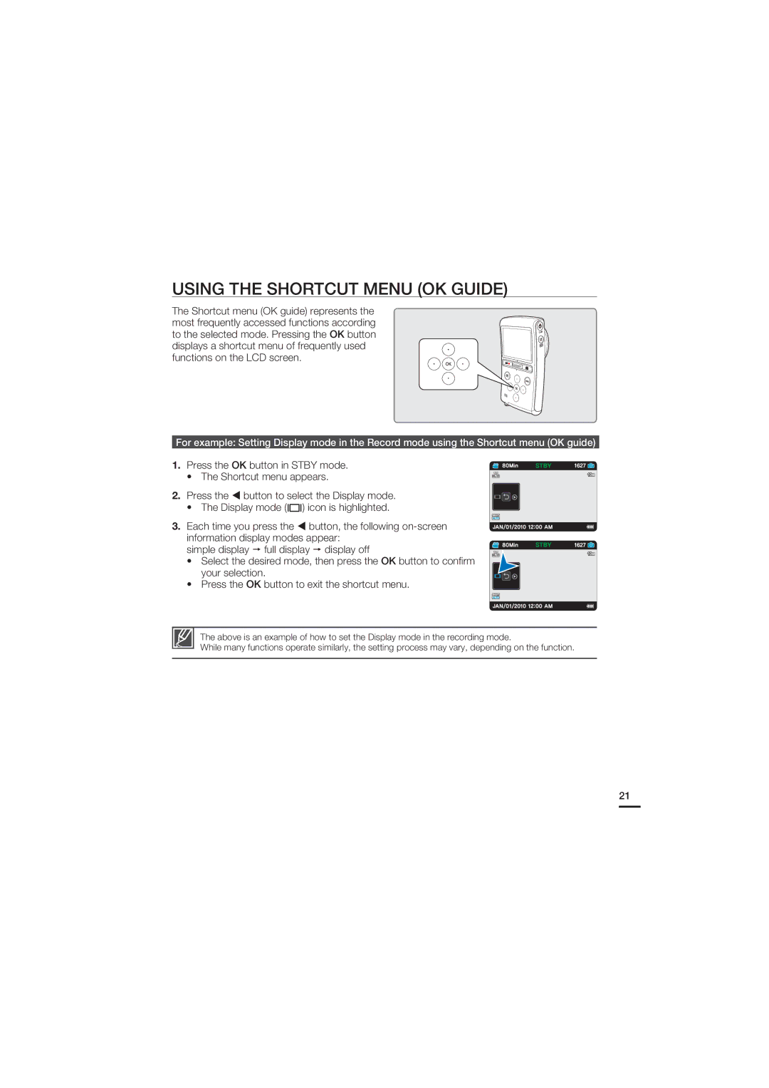 Samsung HMX-U20BD manual Using the Shortcut Menu OK Guide 