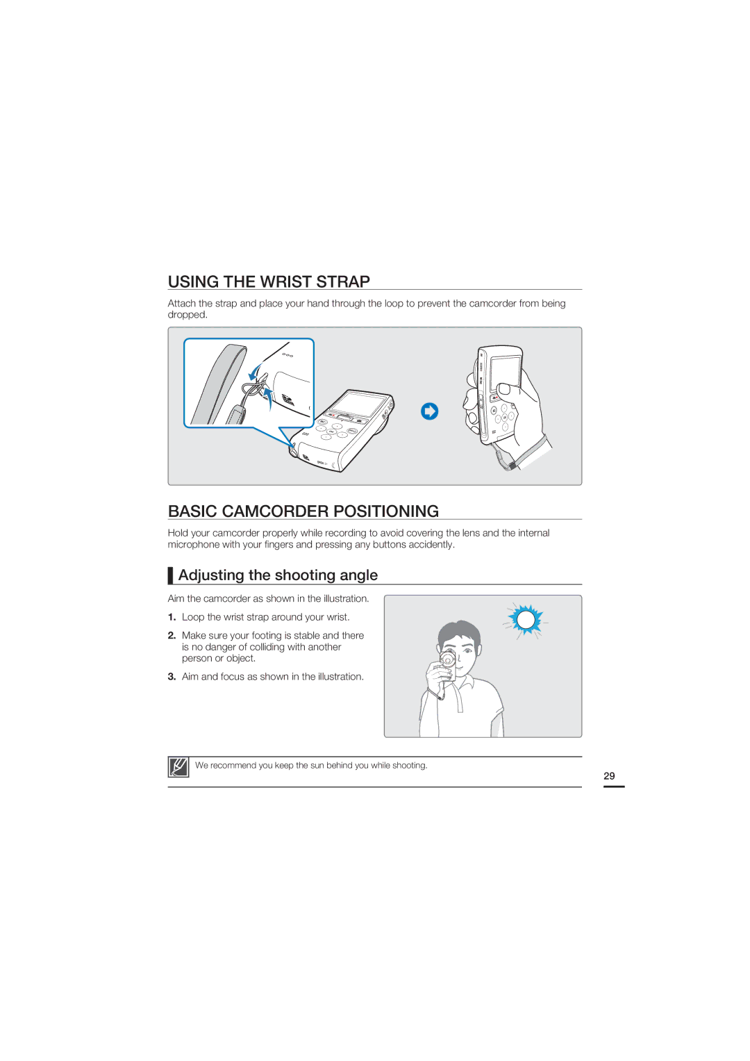 Samsung HMX-U20BD manual Using the Wrist Strap, Basic Camcorder Positioning, Adjusting the shooting angle 