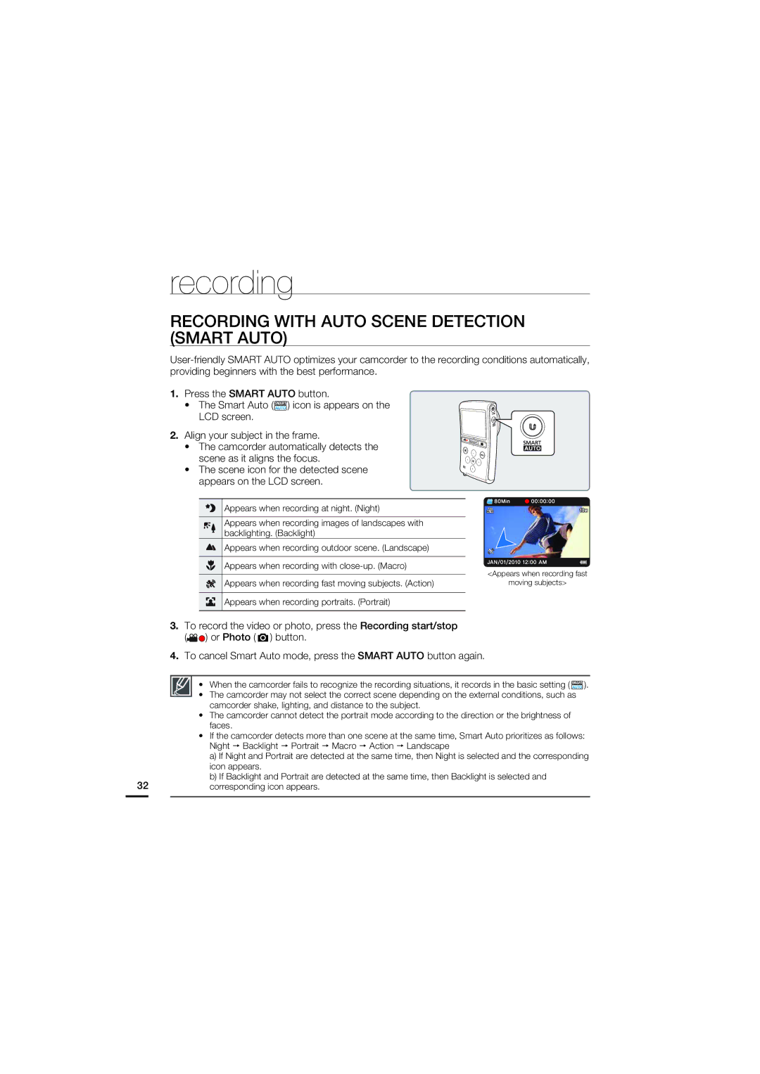 Samsung HMX-U20BD manual Recording with Auto Scene Detection Smart Auto 