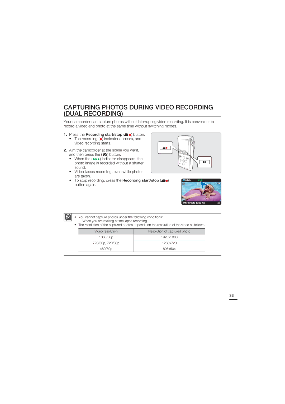 Samsung HMX-U20BD manual Capturing Photos During Video Recording Dual Recording, Button again 