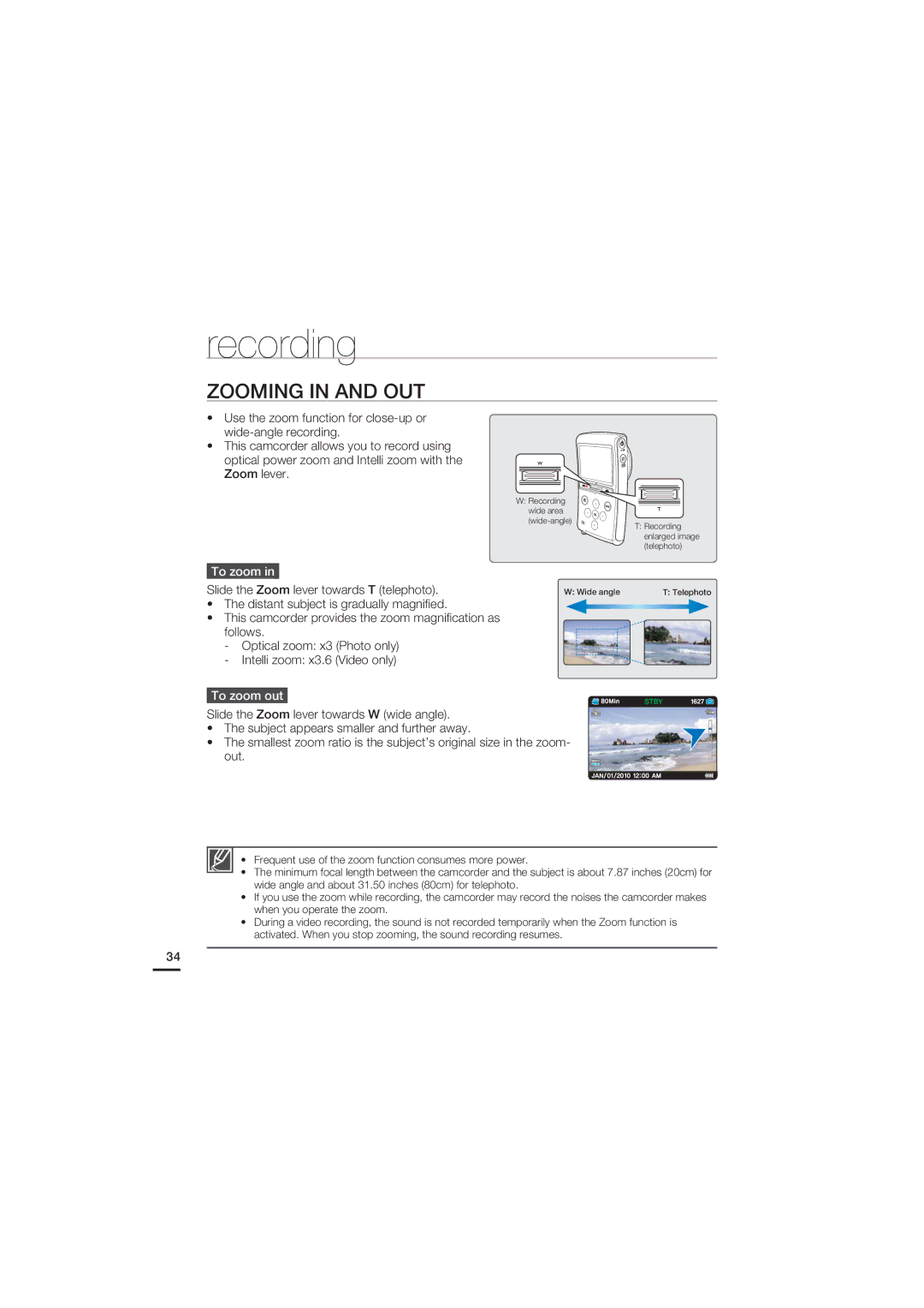 Samsung HMX-U20BD manual Zooming in and OUT, To zoom out 