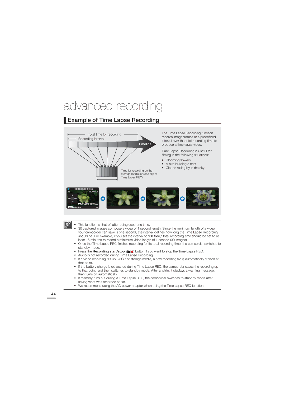 Samsung HMX-U20BD manual Example of Time Lapse Recording, Timeline 