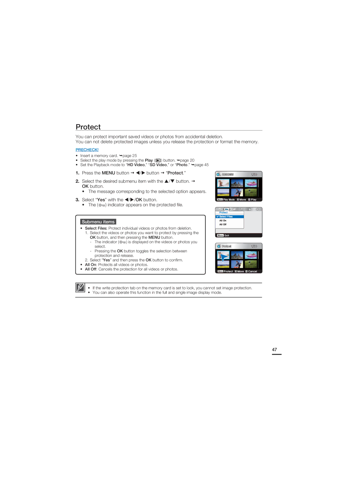 Samsung HMX-U20BD manual Press the Menu button Button Protect 