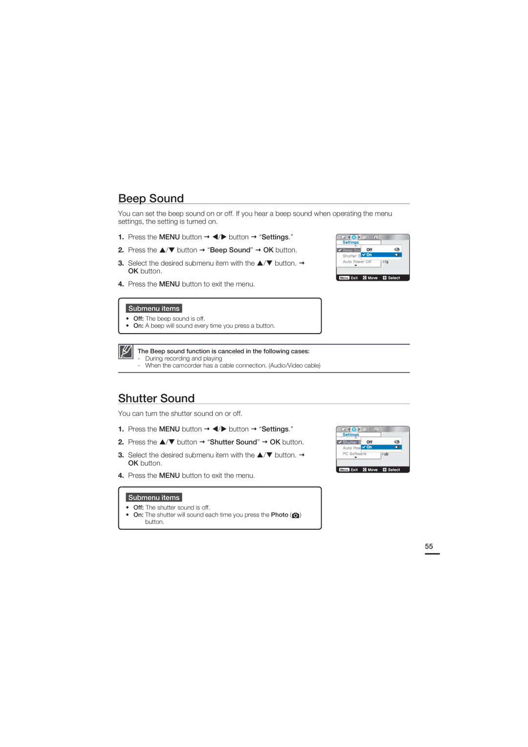 Samsung HMX-U20BD manual Beep Sound, Shutter Sound 