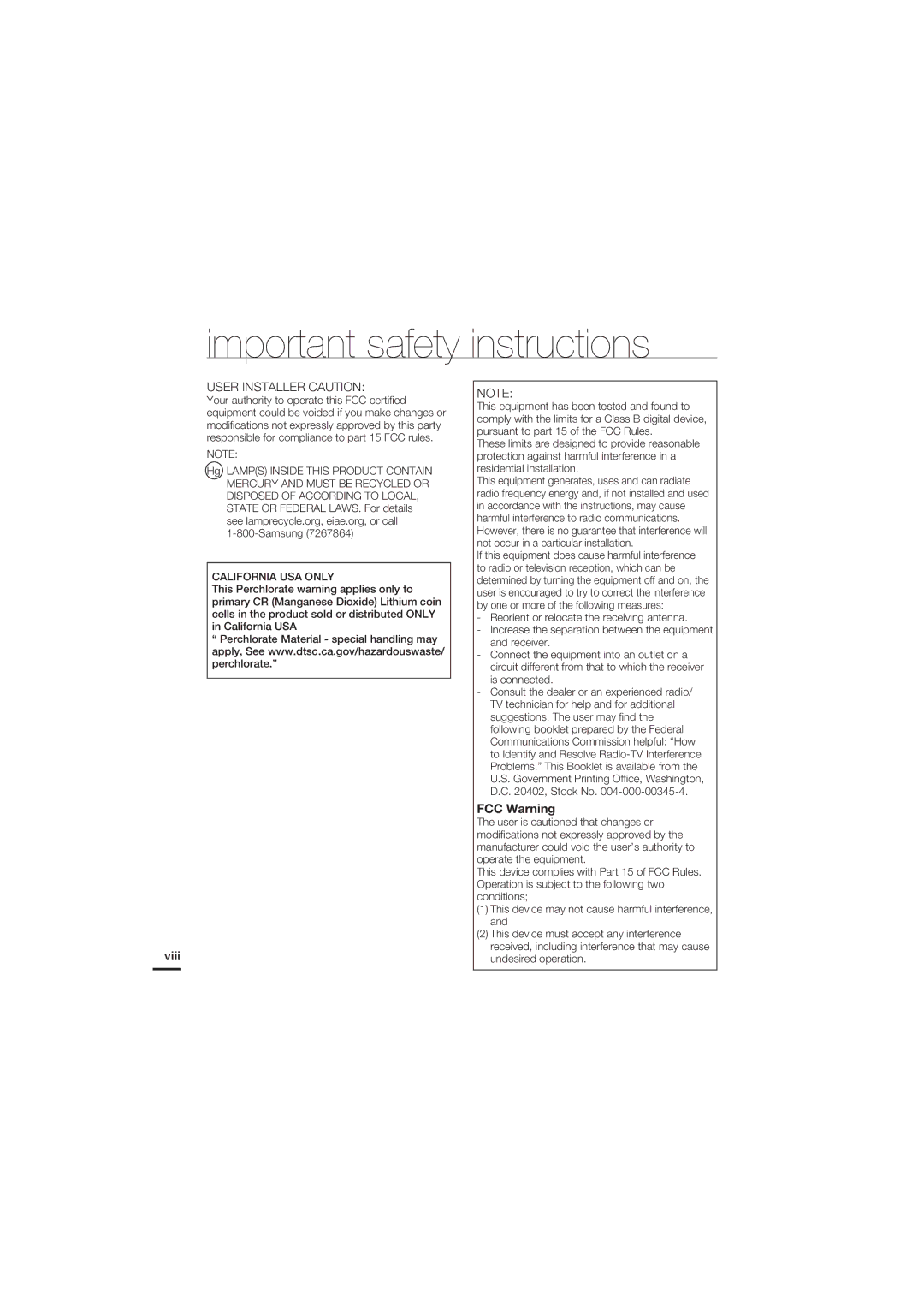 Samsung HMX-U20BD manual User Installer Caution, Viii 