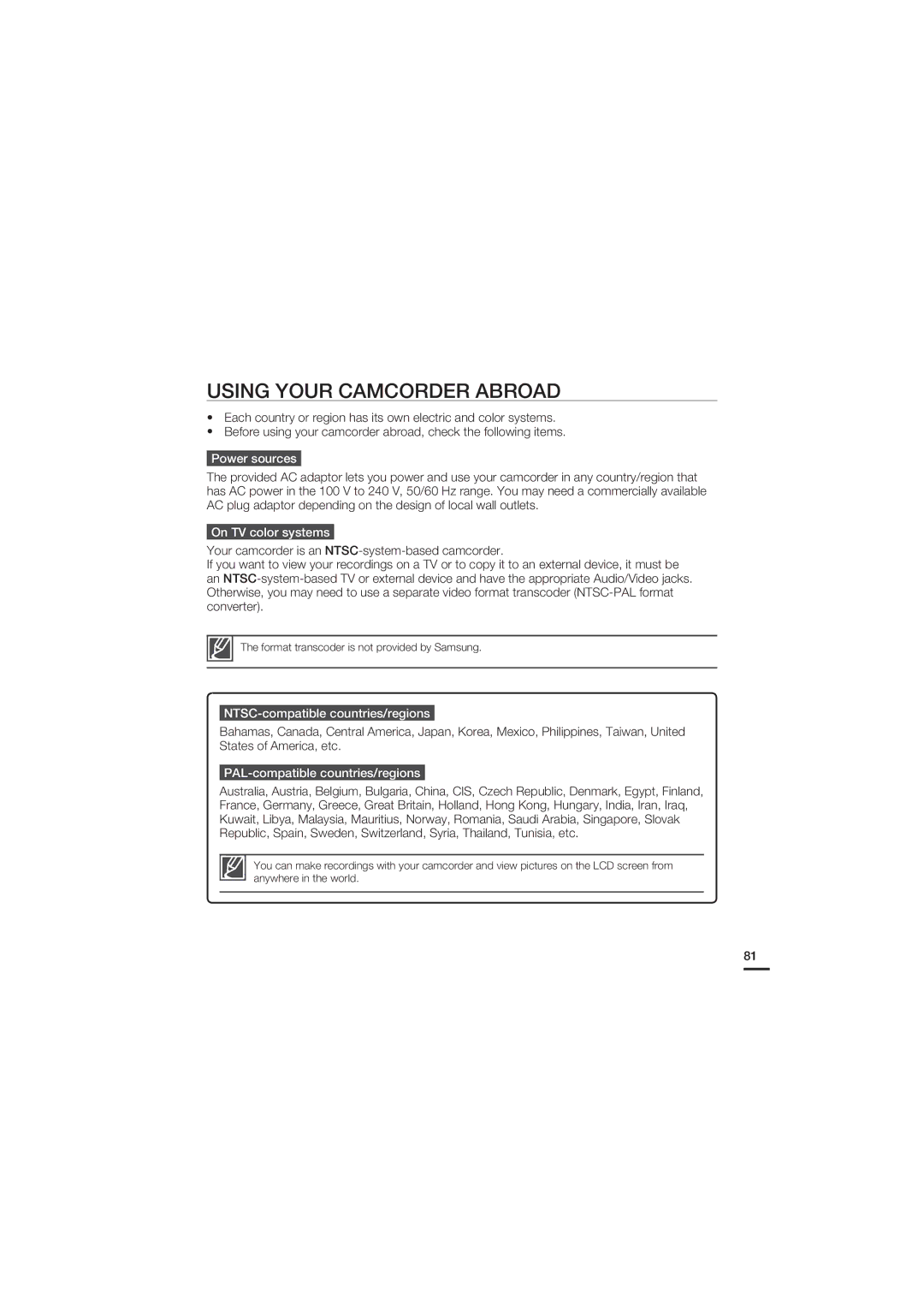 Samsung HMX-U20BD manual Using Your Camcorder Abroad, Power sources, On TV color systems, NTSC-compatible countries/regions 