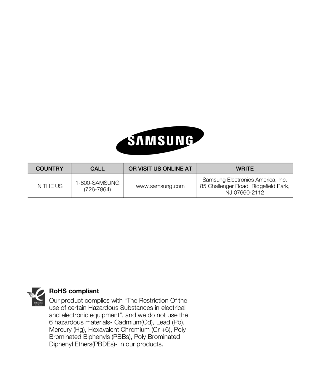 Samsung HMX-U20BD manual RoHS compliant 