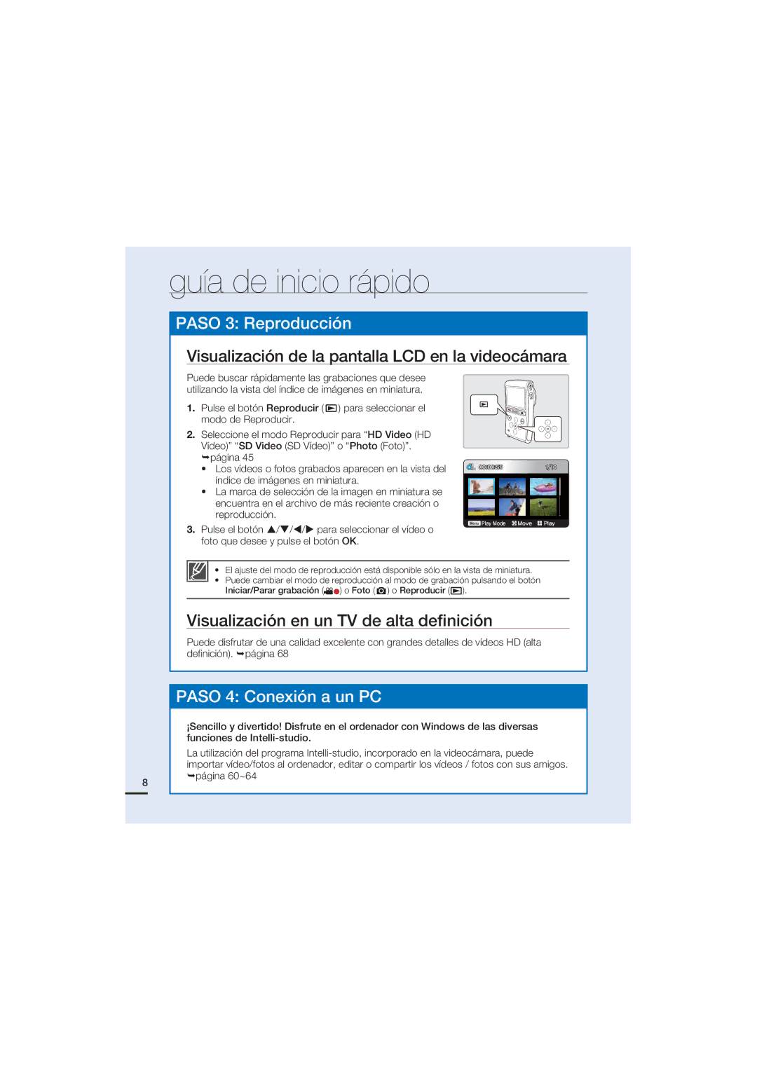 Samsung HMX-U20BP/EDC manual Visualización de la pantalla LCD en la videocámara, Visualización en un TV de alta deﬁnición 