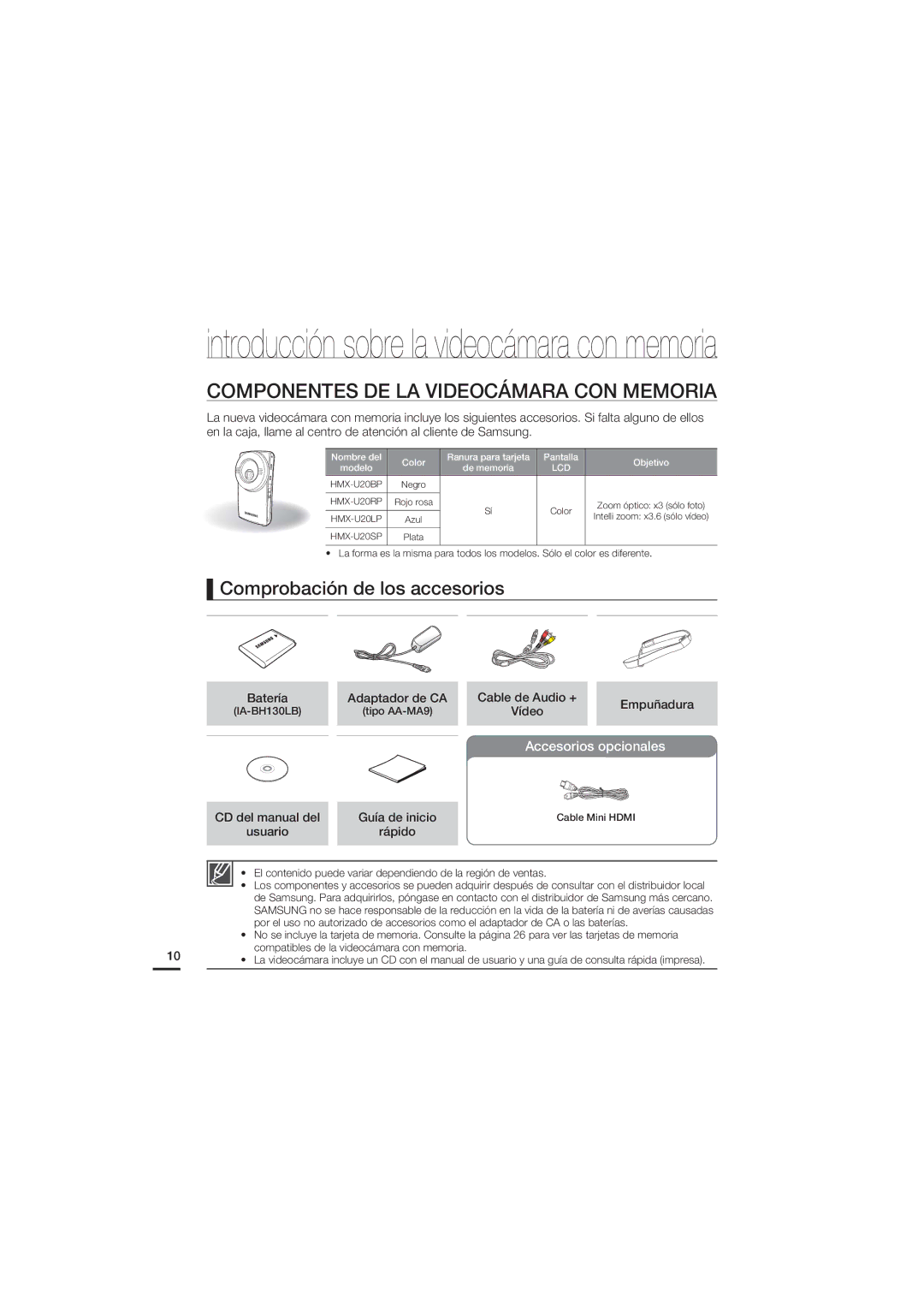 Samsung HMX-U20BP/EDC Componentes DE LA Videocámara CON Memoria, Comprobación de los accesorios, Accesorios opcionales 