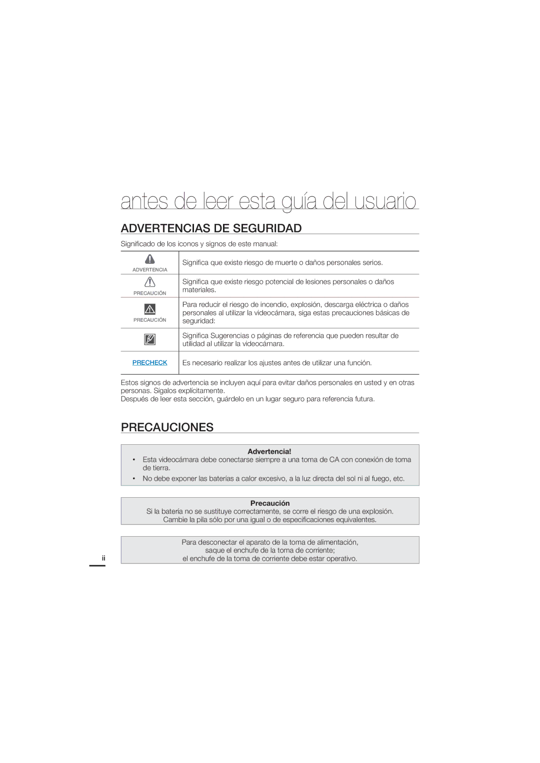 Samsung HMX-U20BP/EDC manual Advertencias DE Seguridad, Precauciones, Materiales 