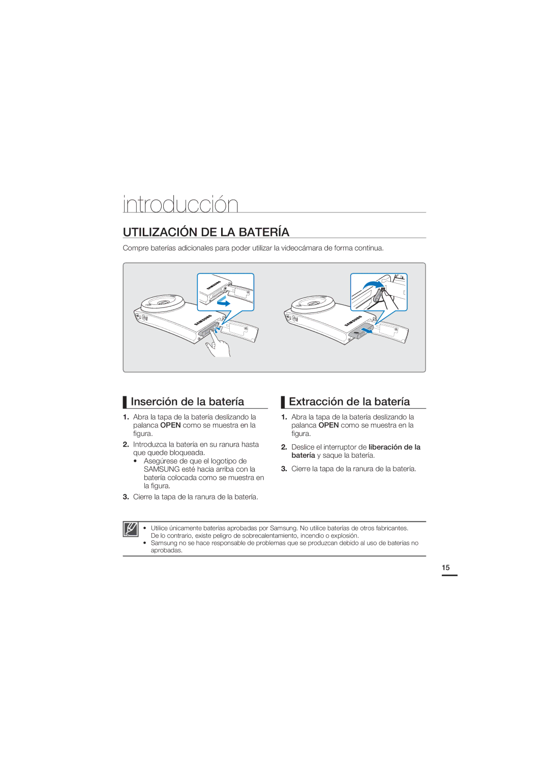 Samsung HMX-U20BP/EDC manual Introducción, Utilización DE LA Batería, Inserción de la batería Extracción de la batería 