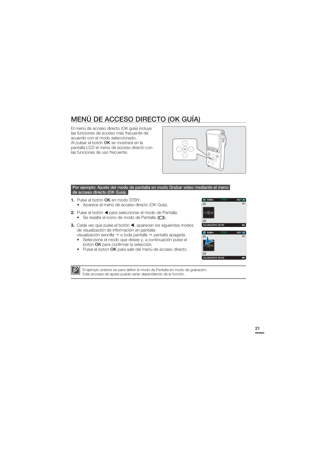 Samsung HMX-U20BP/EDC manual Menú DE Acceso Directo OK Guía 