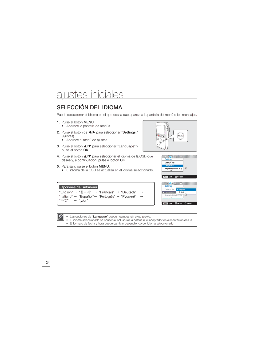 Samsung HMX-U20BP/EDC manual Selección DEL Idioma, Opciones del submenú 