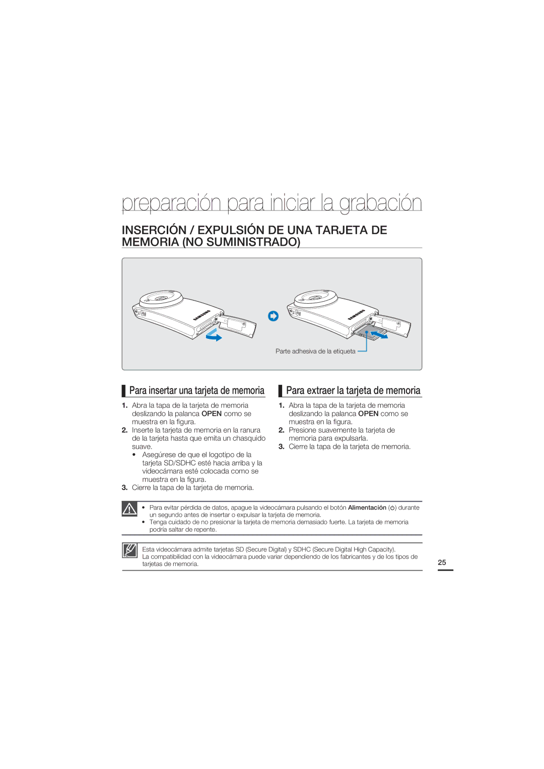 Samsung HMX-U20BP/EDC manual Preparación para iniciar la grabación, Para extraer la tarjeta de memoria 