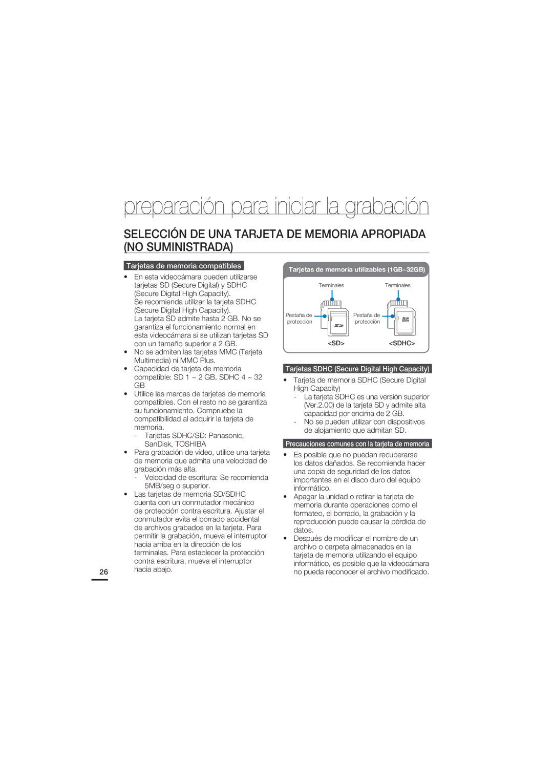 Samsung HMX-U20BP/EDC manual Hacia abajo, Tarjetas Sdhc Secure Digital High Capacity 