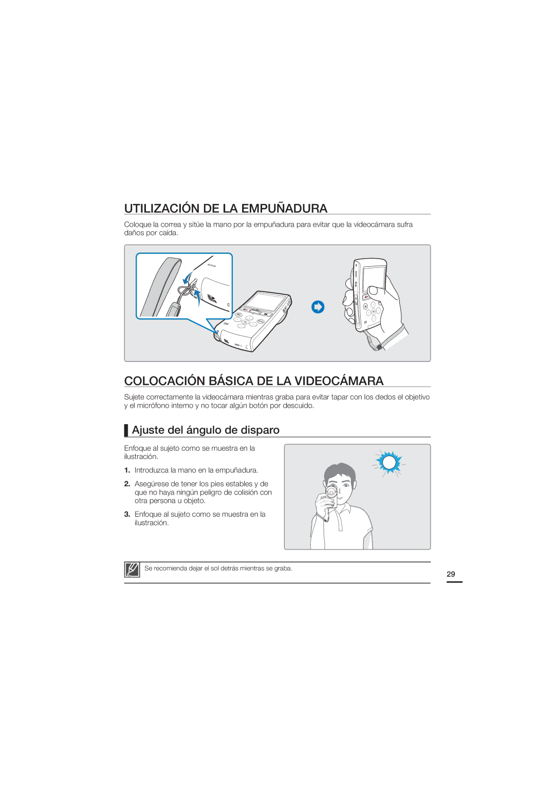 Samsung HMX-U20BP/EDC Utilización DE LA Empuñadura, Colocación Básica DE LA Videocámara, Ajuste del ángulo de disparo 