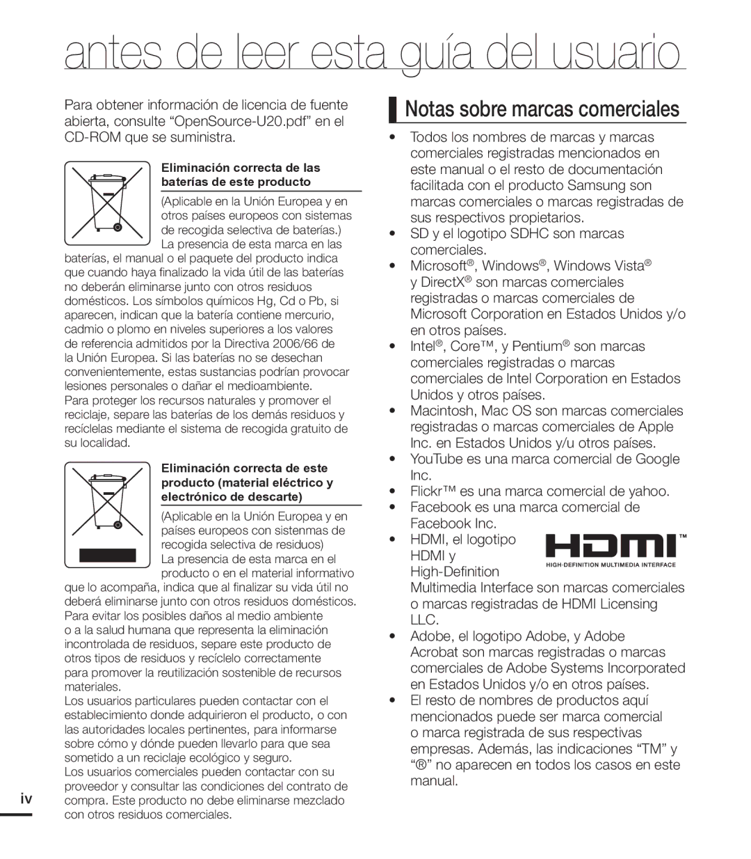 Samsung HMX-U20BP/EDC manual Antes de leer esta guía del usuario 