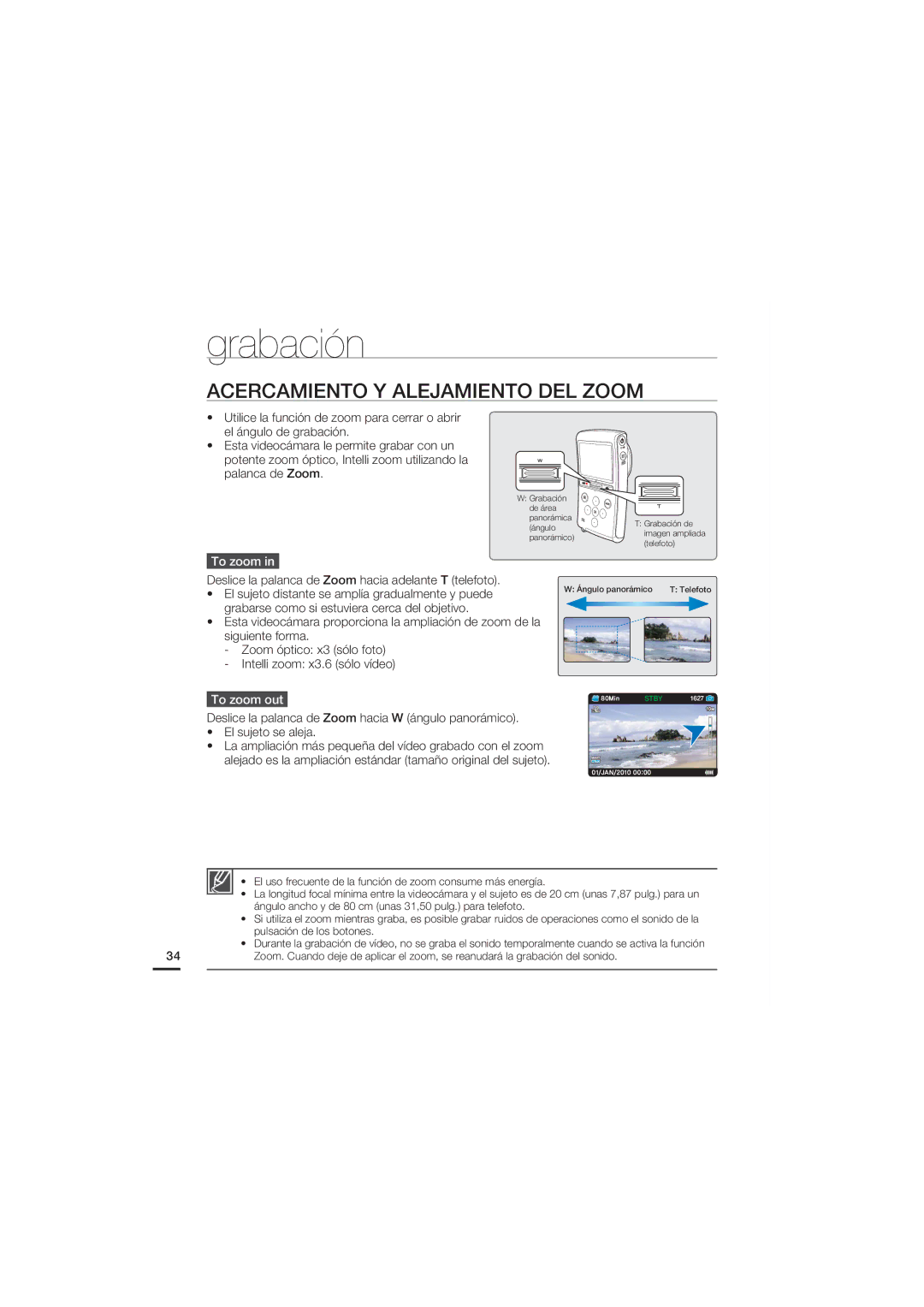 Samsung HMX-U20BP/EDC manual Acercamiento Y Alejamiento DEL Zoom, To zoom out 